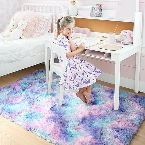 Miniatura 4 de Amdrebio Alfombras estéticas de sirena azul y morado para dormitorio de niñas, alfombra de 5 x 8 pies, alfombra Kawaii de unicornio para habitación