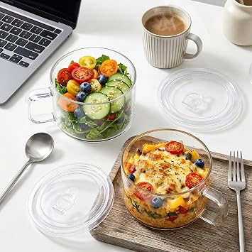 Eorbow 2 Pack 45 FL OZ Glass Ramen Bowls, Microwavable Soup Bowl with Handle, Leak-proof French Onion Soup Mugs with Lid, Large Soup Crocks for Noodles, Cereals, Oatmeal
