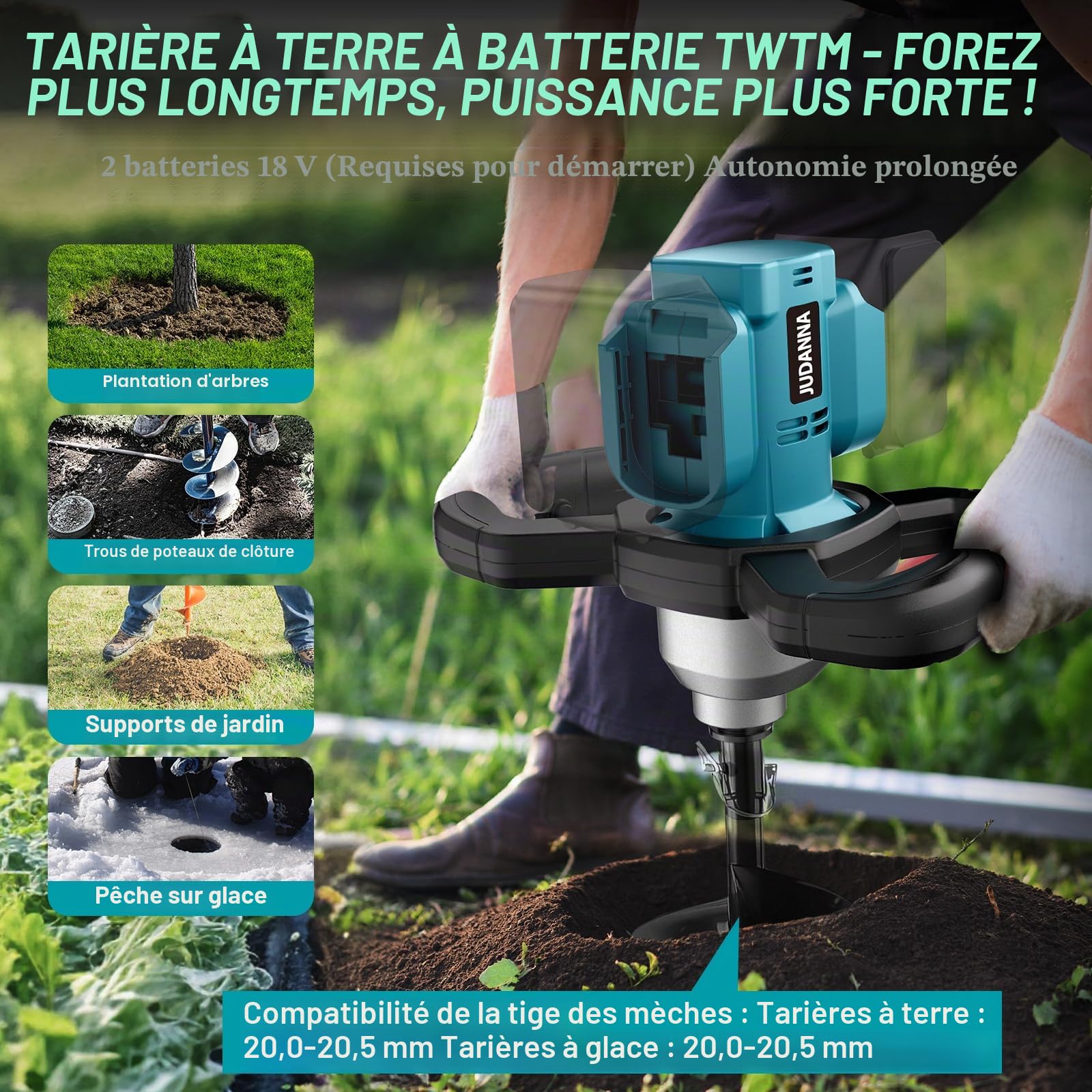 Professional Tarière sans fil pour Makita 18V batterie,moteur sans balais pour horticulture/pose de pieux, compatible avec forets moulus de 20 mm, embouts de forage à glace, sans batterie ni Chargeur