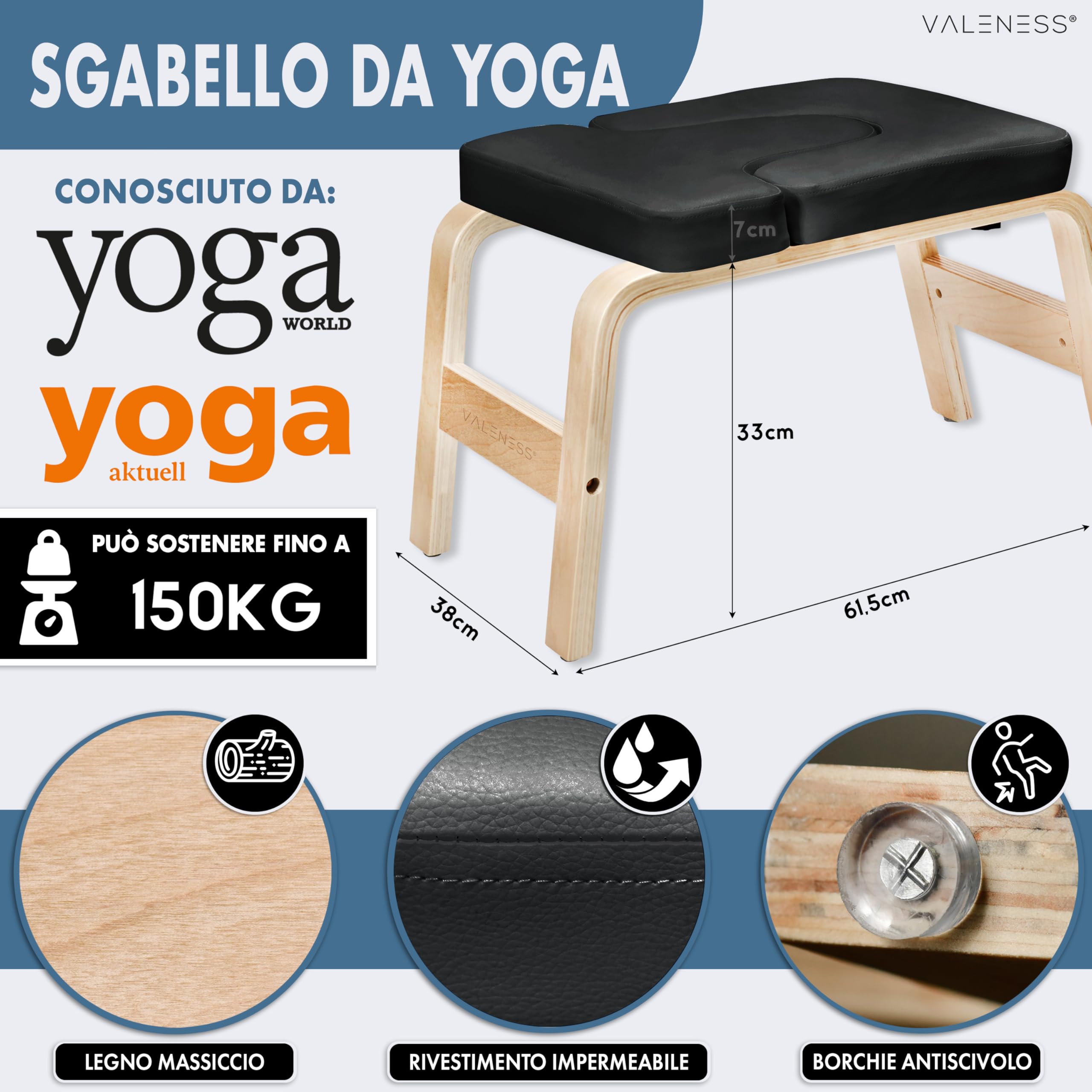 VALENESS® Sgabello Yoga per Verticali - Sgabello Yoga Headstand con Fascia, Poster e Blocco Esercizi - Seduta Yoga per Esercizi Headstand in Legno Massiccio - Attrezzatura e Accessori Yoga a Casa