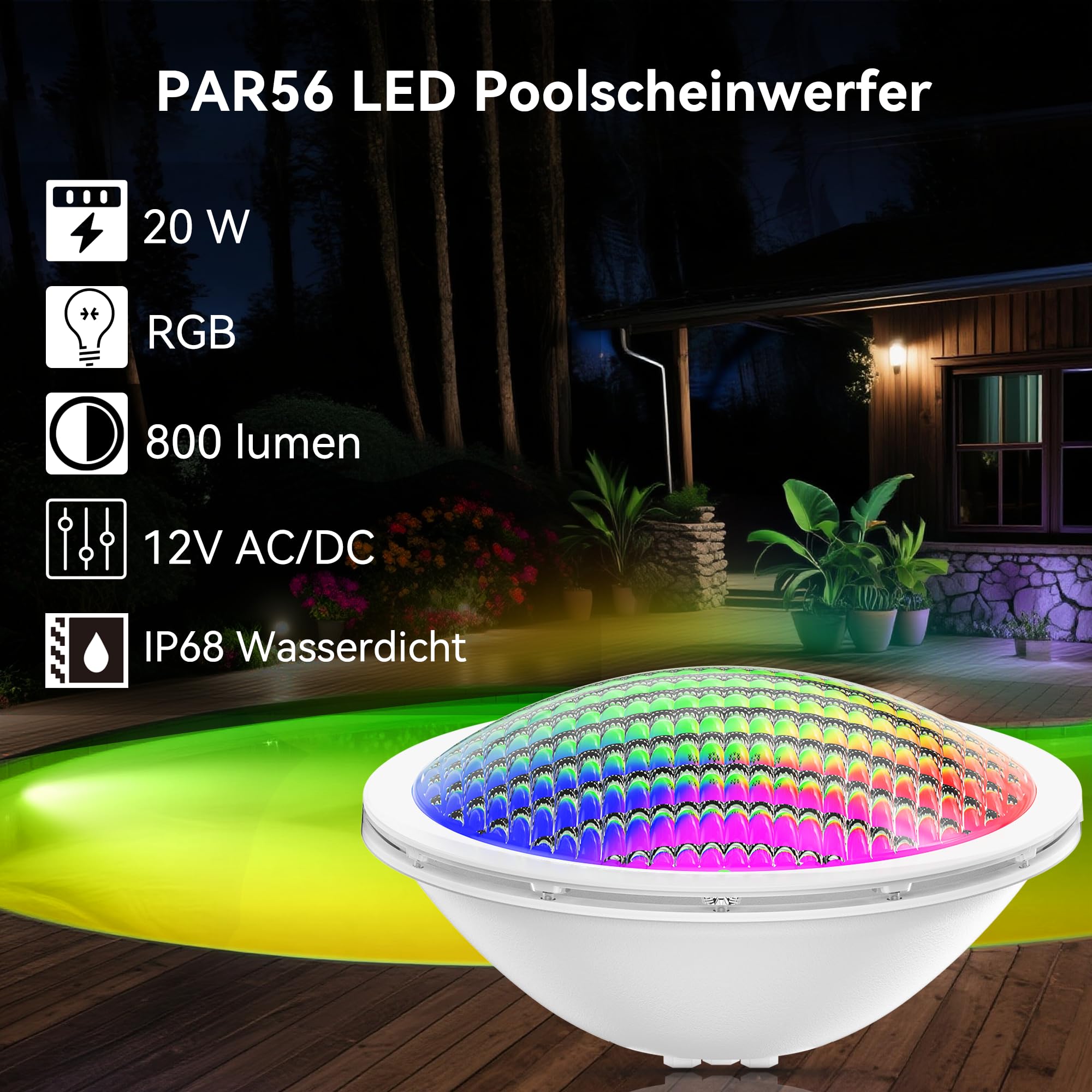 LyLmLe LED Poolbeleuchtung PAR56 20W Poolscheinwerfer RGB Farbwechsel Dimmbar Externe Synchronisation mit Fernbedienung,IP68 Wasserdicht LED Unterwasserscheinwerfer, 12V AC(2er-Pack)