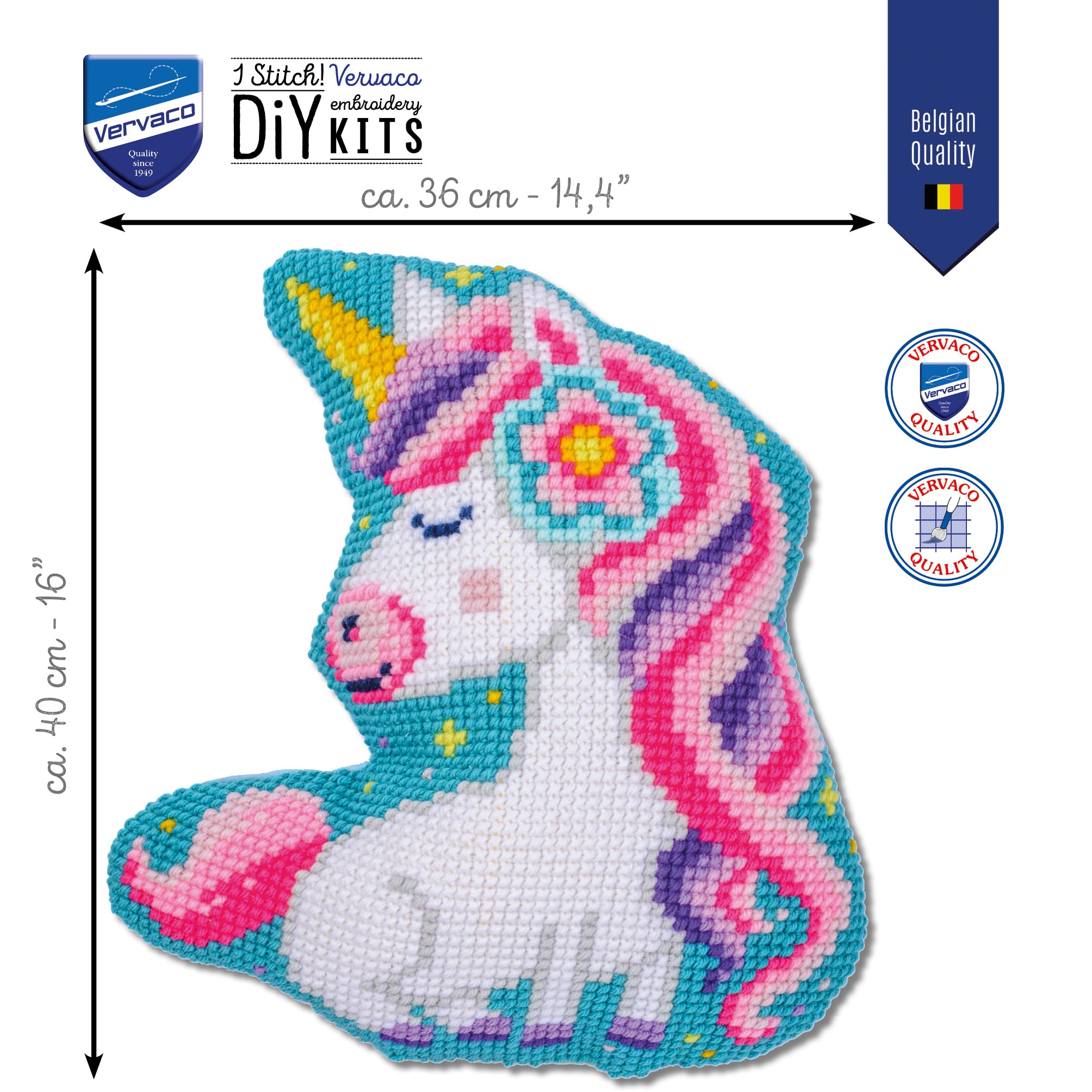 VERVACO Kreuzstich Stickpackungen Kissen Stickerei Set mit Kissenrücken Anfänger Vorgedruckt EINHORN DIY Set Kreativ Set Für Erwachsene36 x 40 cm Bastelset Handwerker Haus Dekoration