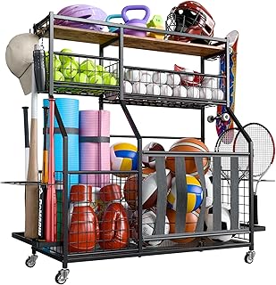 Holiwei Sports Equipment Organizer, Garage Storage with Basket and Hooks, Rolling Cart with Wheels for Toy Sports Gear Sto...