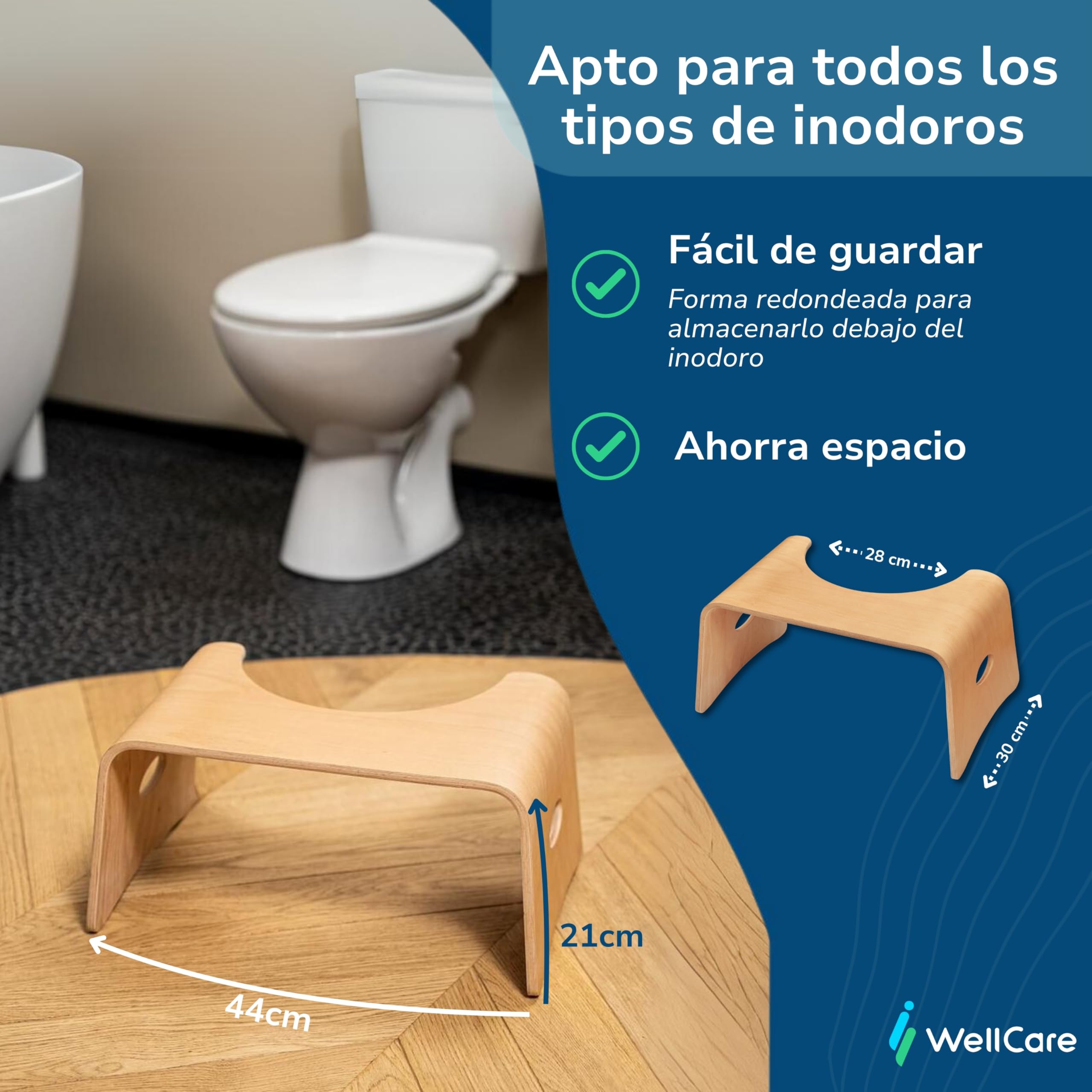 Well Care Taburete de Baño de Madera barnizada - Reposapiés fisiológico de Inodoro para Adulto - Favorece la posición Squatty contra el estreñimiento en el WC