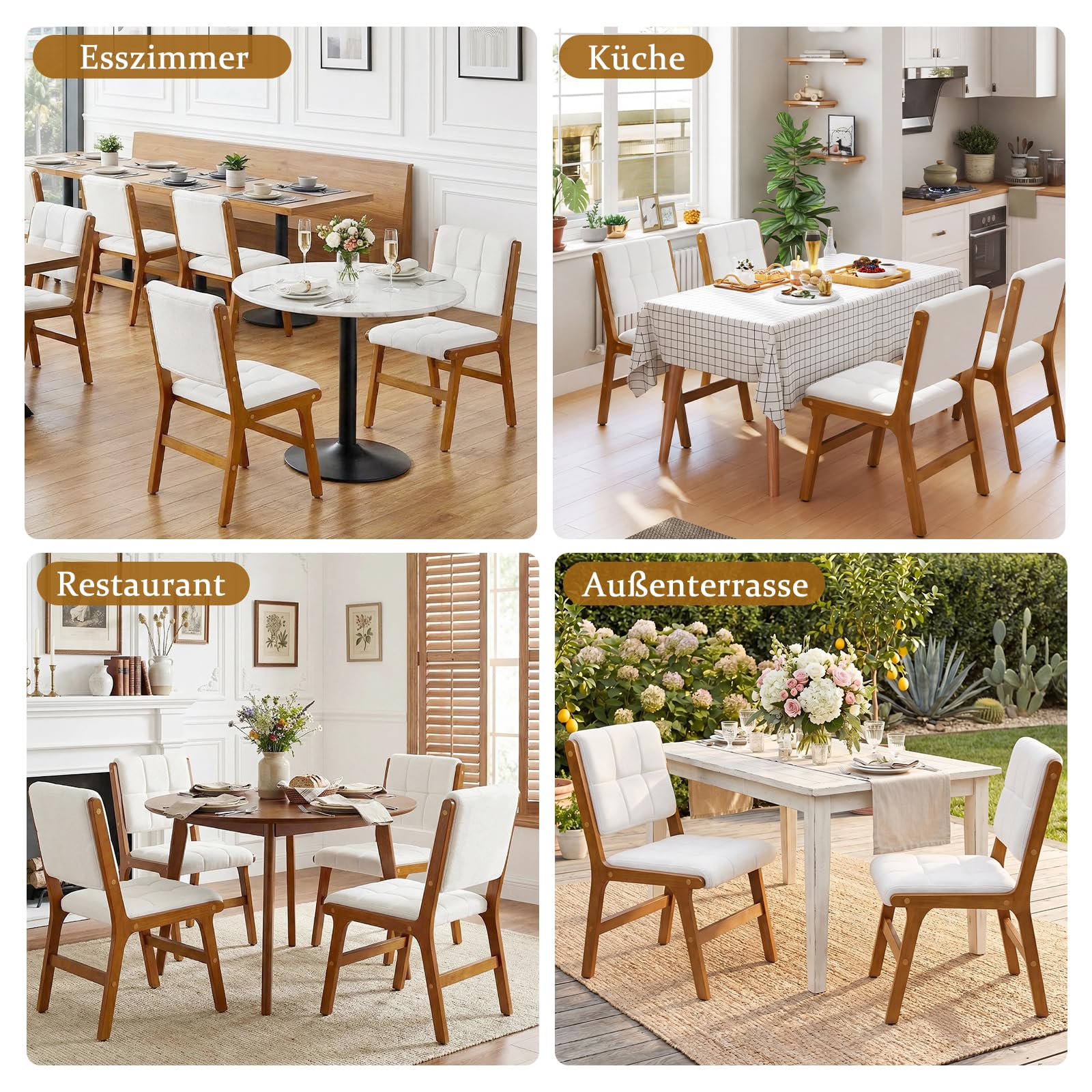 Esszimmerstühle 2er Set, Küchenstühle aus Holz, Stuhl Esszimmer Wohnzimmer Polsterstuhl Armlehnstuhl mit Rückenlehne für Esszimmer Küche Wohnzimmer, Beige, Leinen
