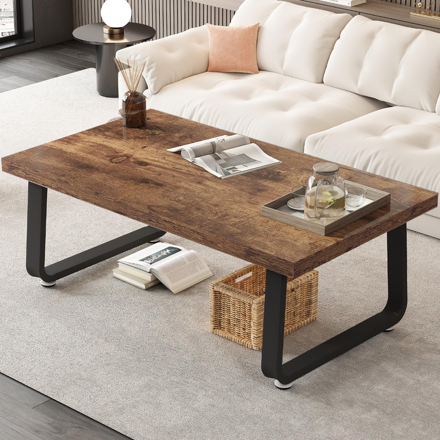 HSH Rustic Coffee Table, Industrial Wood and Metal Center Table, Farmhouse Minimalist Oak Coffee Table for Living Room, Modern Rectangular Wooden Tea&Coffee Table for Bedroom Home, Rustic Brown, 39 In Rustic Brown 39 Inch