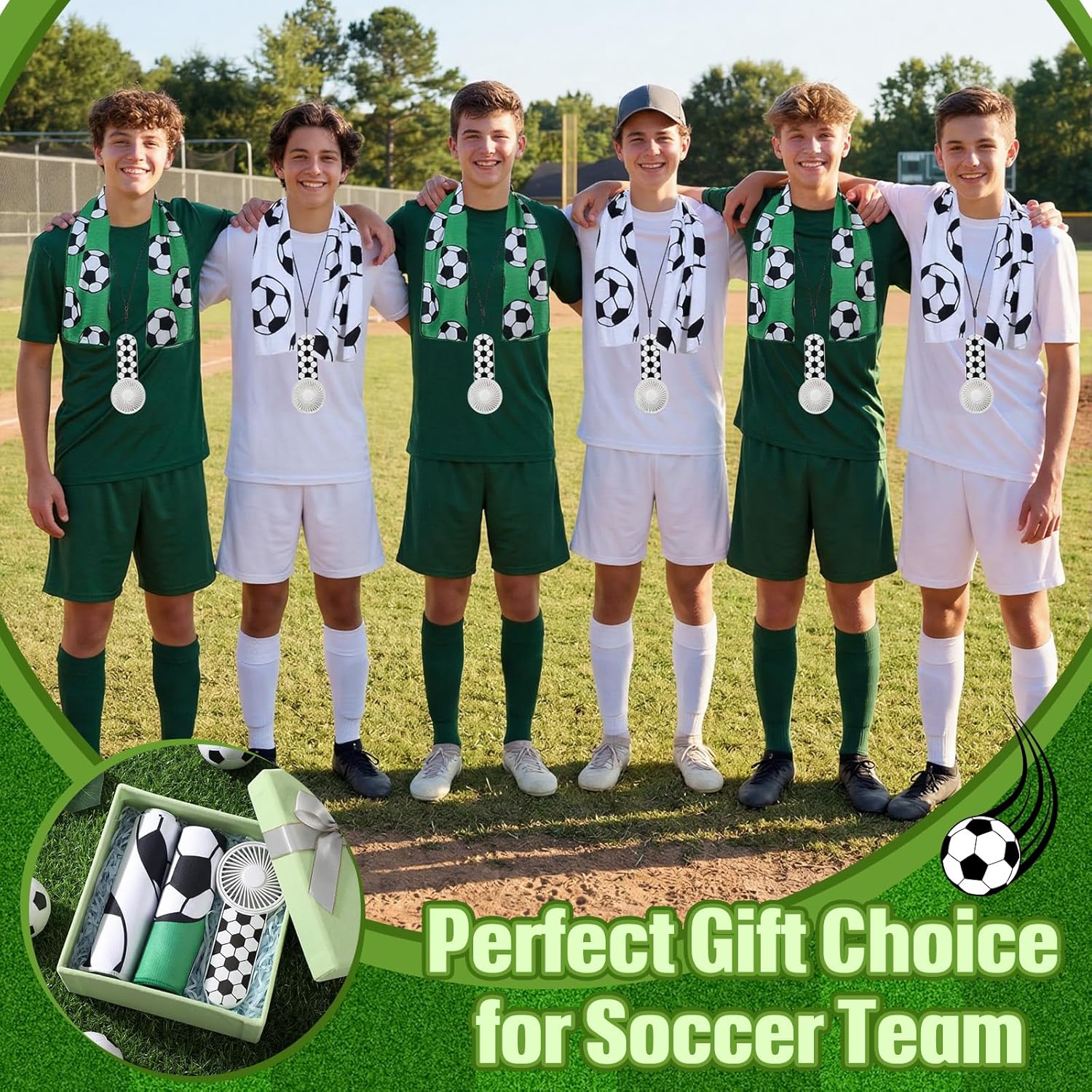 Tudomro 24 Pcs Soccer Gifts, Includes 12 Pcs Soccer Cooling Towels 40"x12" Gym Cooling Towels, 12 Mini Handheld Fan small Portable Fan for Team Gifts, Sport Party Favor, Battery Not Include