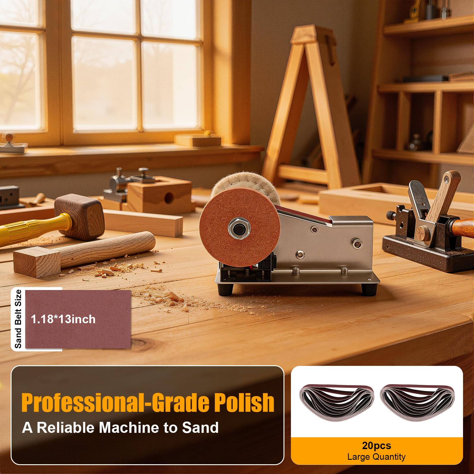 Mini szlifierka taśmowa, 7 stopni, mini taśma Sander 1-45°, szlifierka ok. 150 W, z 20 taśmami szlifierskimi i osłoną przeciwpyłową, do gospodarstw domowych, na rynkach spożywczych, fabrykach