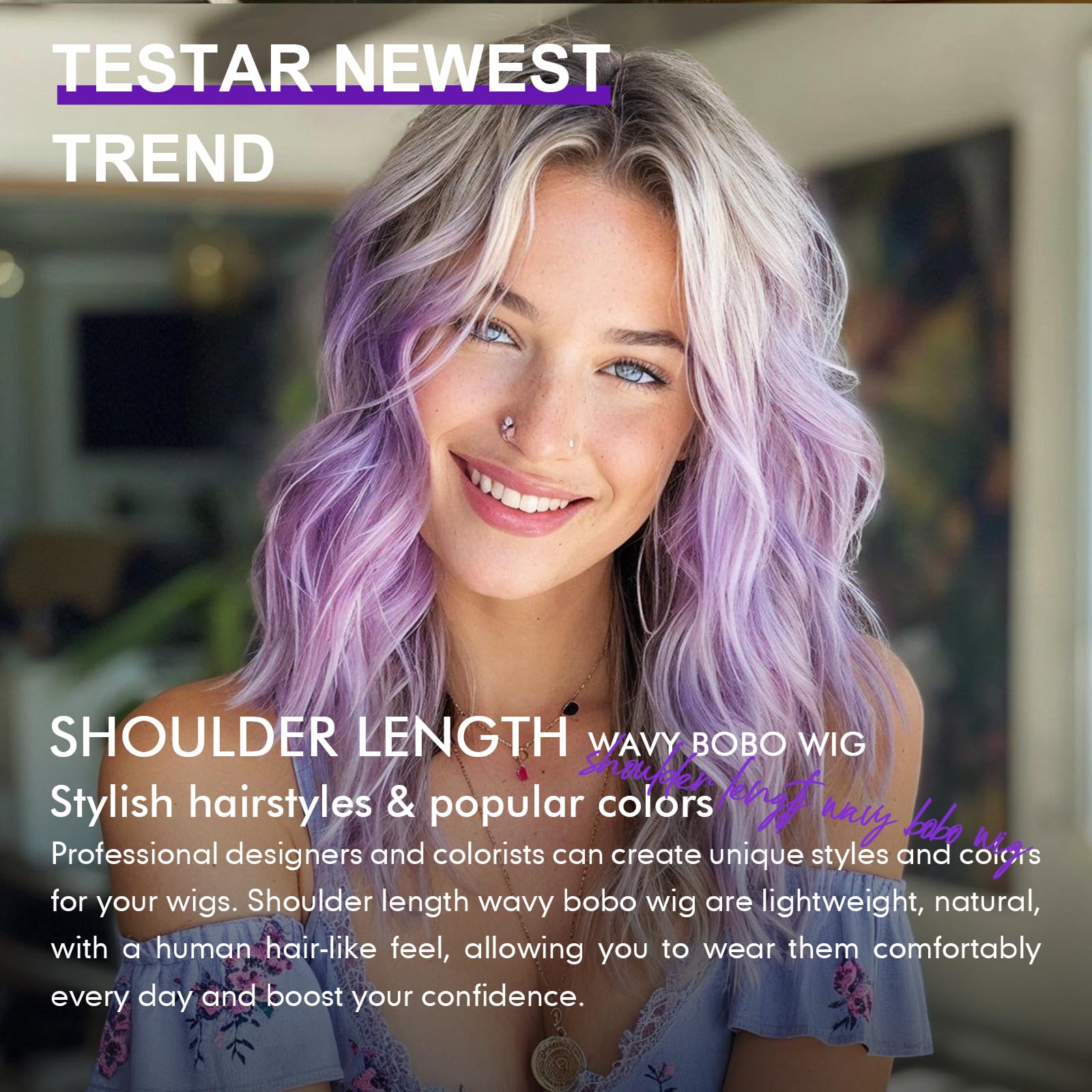 testar Purple Wig Medium Length Lavender Wigs for White Women 20 Inch Short Middle Part Bob Wig Heat Resistant Synthetic Wavy Curly Wigs for Girls Daily Party/Christmas Use - Image 3