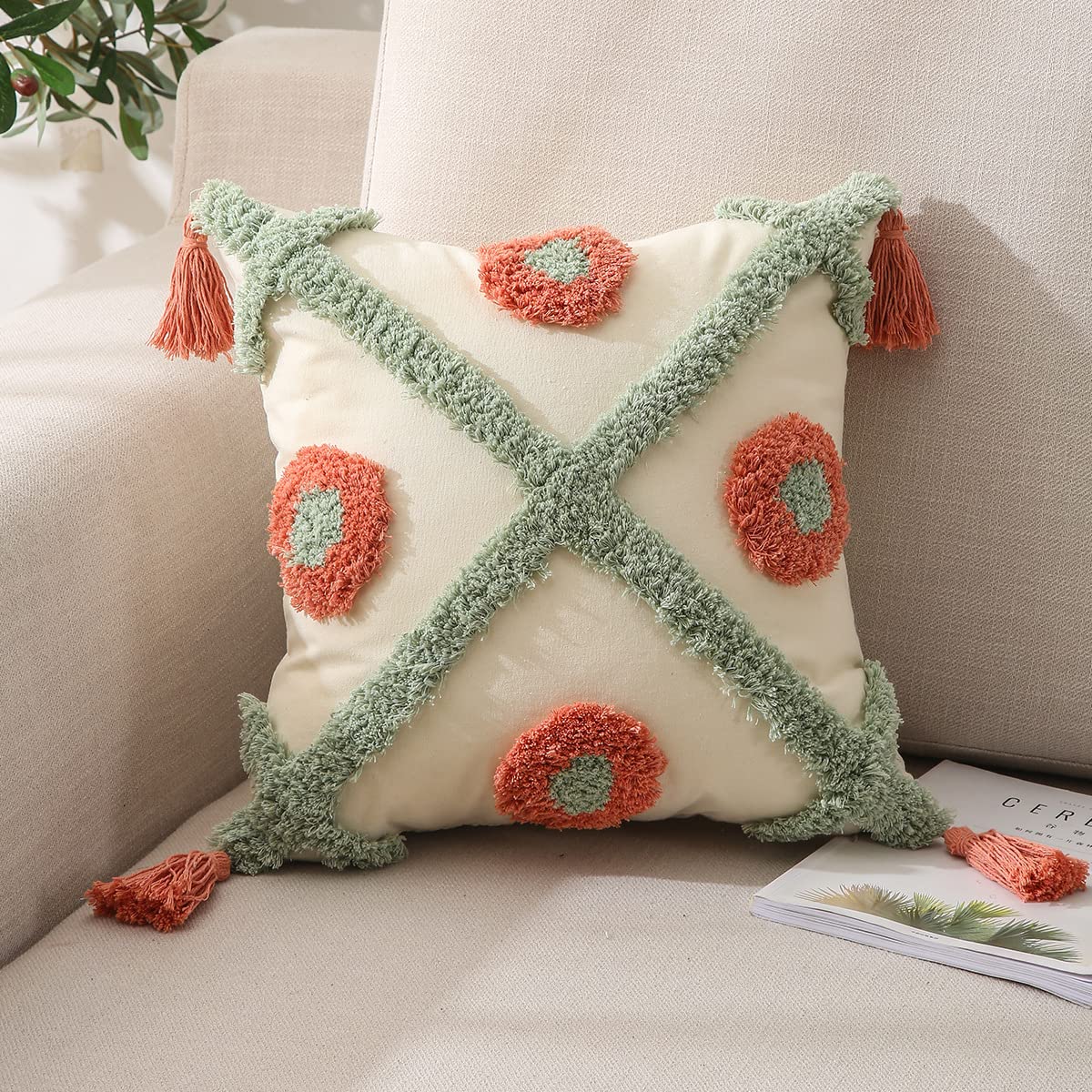 Boho Tufted Throw Pillow Covers 18x18 Inch Set of 2 Decorative Square Pillow Cases