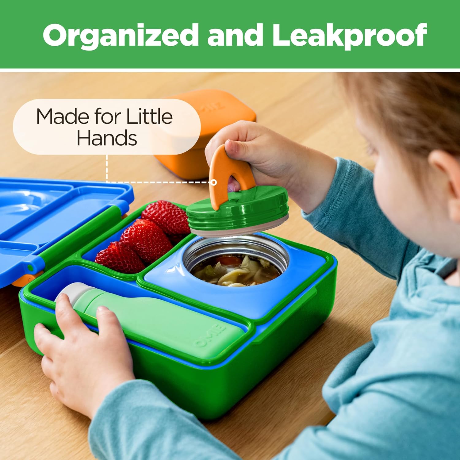 OmieBox Bento Box for Kids - Insulated Bento Lunch Box with Leak Proof Vacuum Insulated Food Jar - 3 Compartments, Two Temperature Zones (Monster Blue) - Image 5