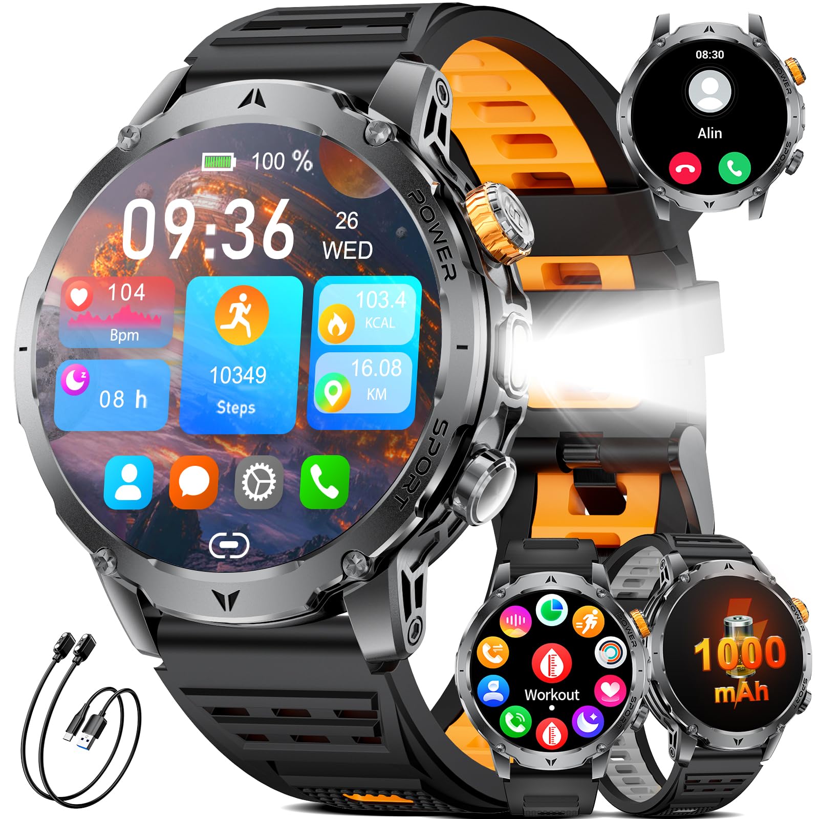 LIGE Smartwatch Herren mit 1000mAh Akku/1.7'' HD Große Display,Militär SmartwatchTaschenlampe/Bluetooth Anrufe/120+ Sportmodi,IP68 Wasserdicht Fitnessuhr/Herzfrequenz/Schlafmonitor,Silicon Schwarz