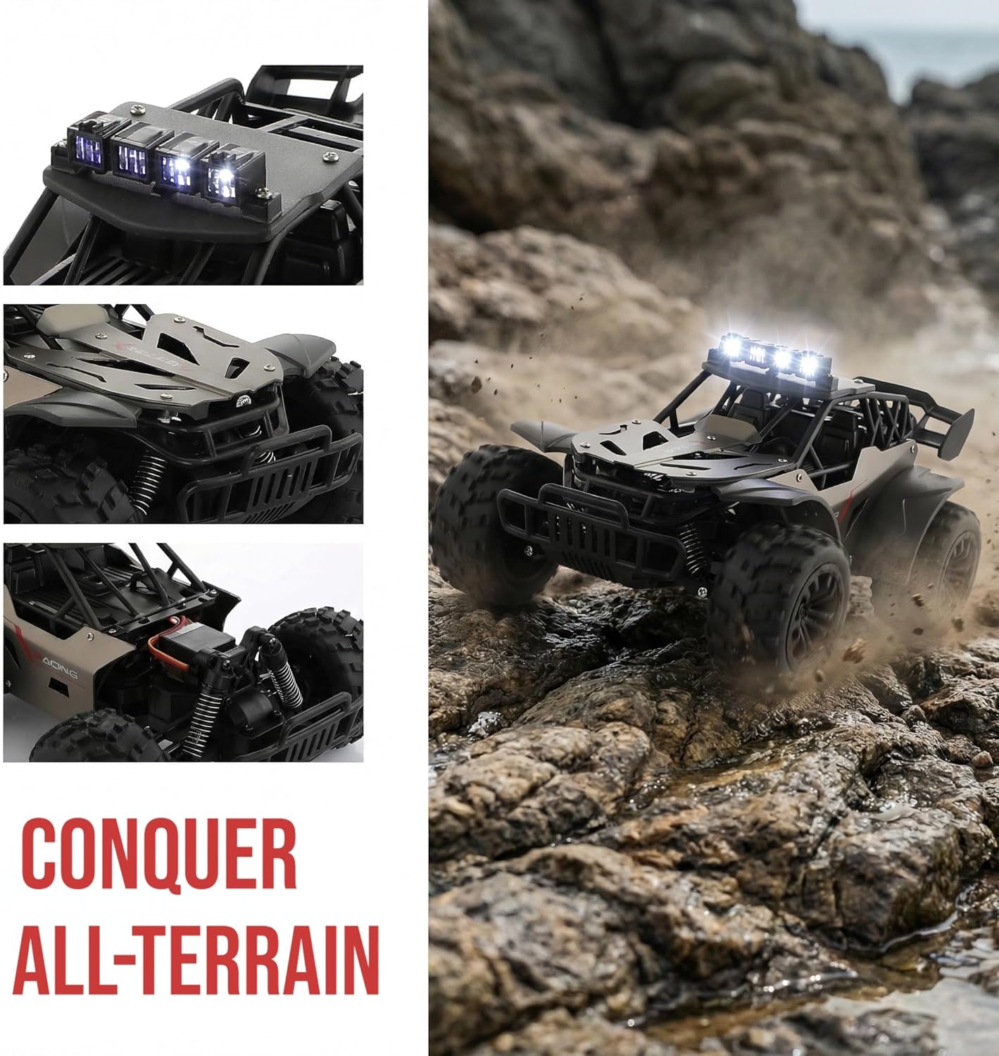 RC Cars for Boys Age 8-12, 1:16 Scale Remote Control Car with LED Lights, 25 KM/H High Speed Off Road Monster Truck Buggy, 40 Min Playtime 2.4GHz Toy Car Gifts for Kids and Adults (Grey)