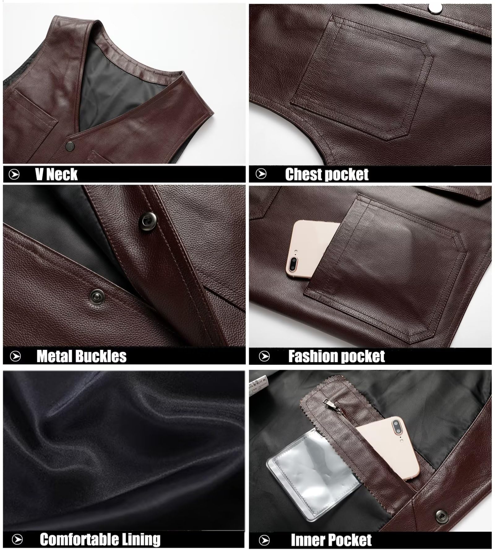 Uomo Gilet da pesca all'aperto Gilet da motociclista in pelle Giacche casual senza maniche Tops Campeggio Caccia Fotografia Gilet con collo a V Gilet da moto