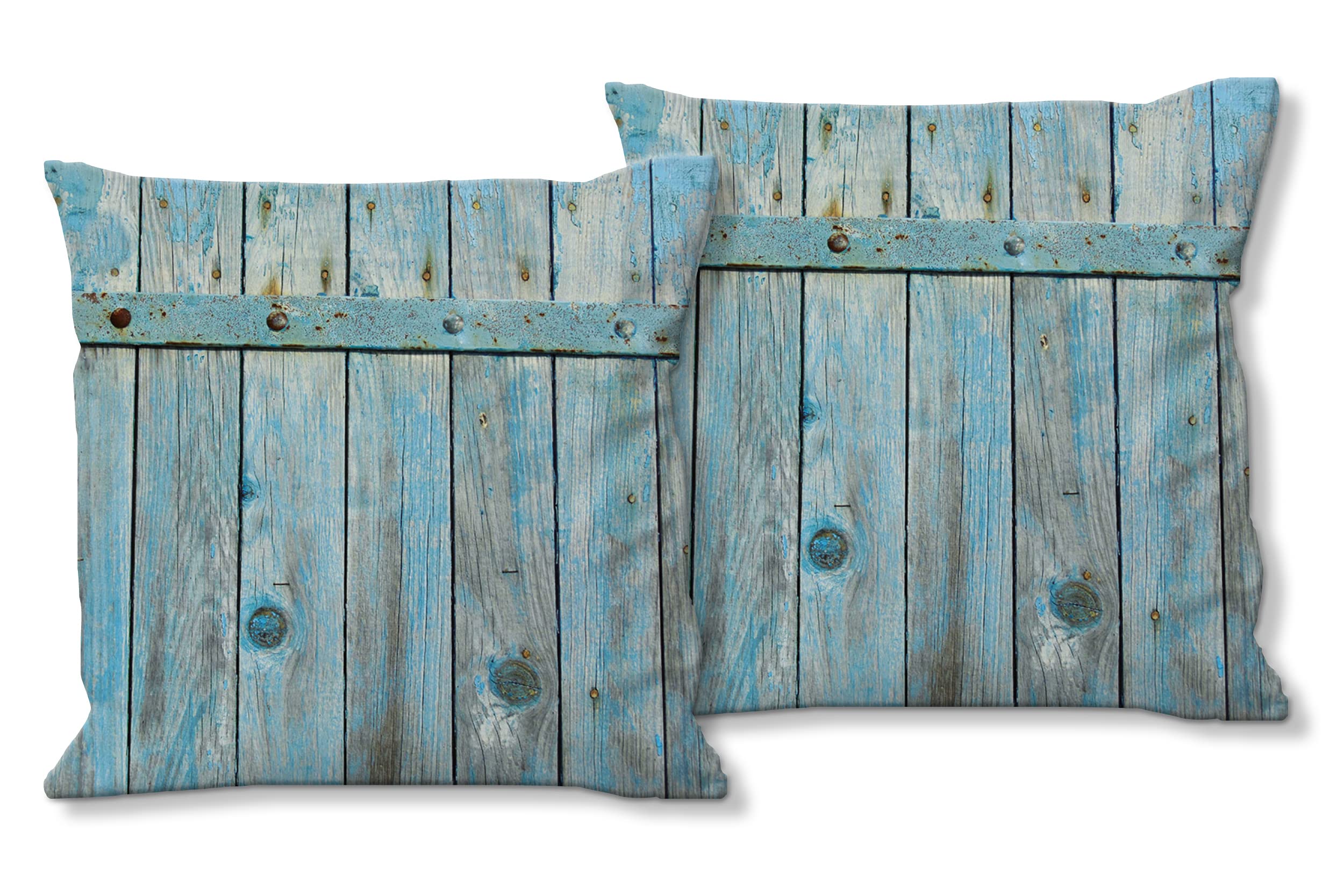 Hinter der Tür - Foto-Kissen-Hülle Set (2 STK.) 40 x 40 cm | Kissen-Bezüge - passend zu Wandbild - Deko-Kissen - Holz Tür Struktur blau