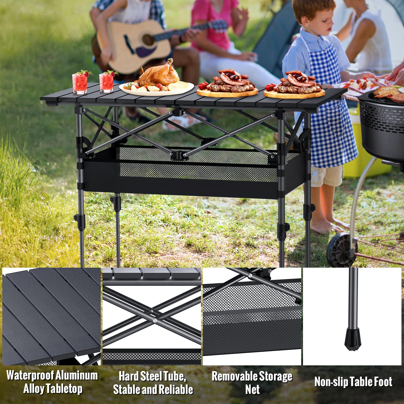 FUNYKICH Opvouwbare campingtafel (87x40cm) met 3 verstelbare hoogte, draagbare picknicktafel, lichtgewicht aluminium buitentafels met draaggreep voor kamperen, picknick, achtertuin, barbecue