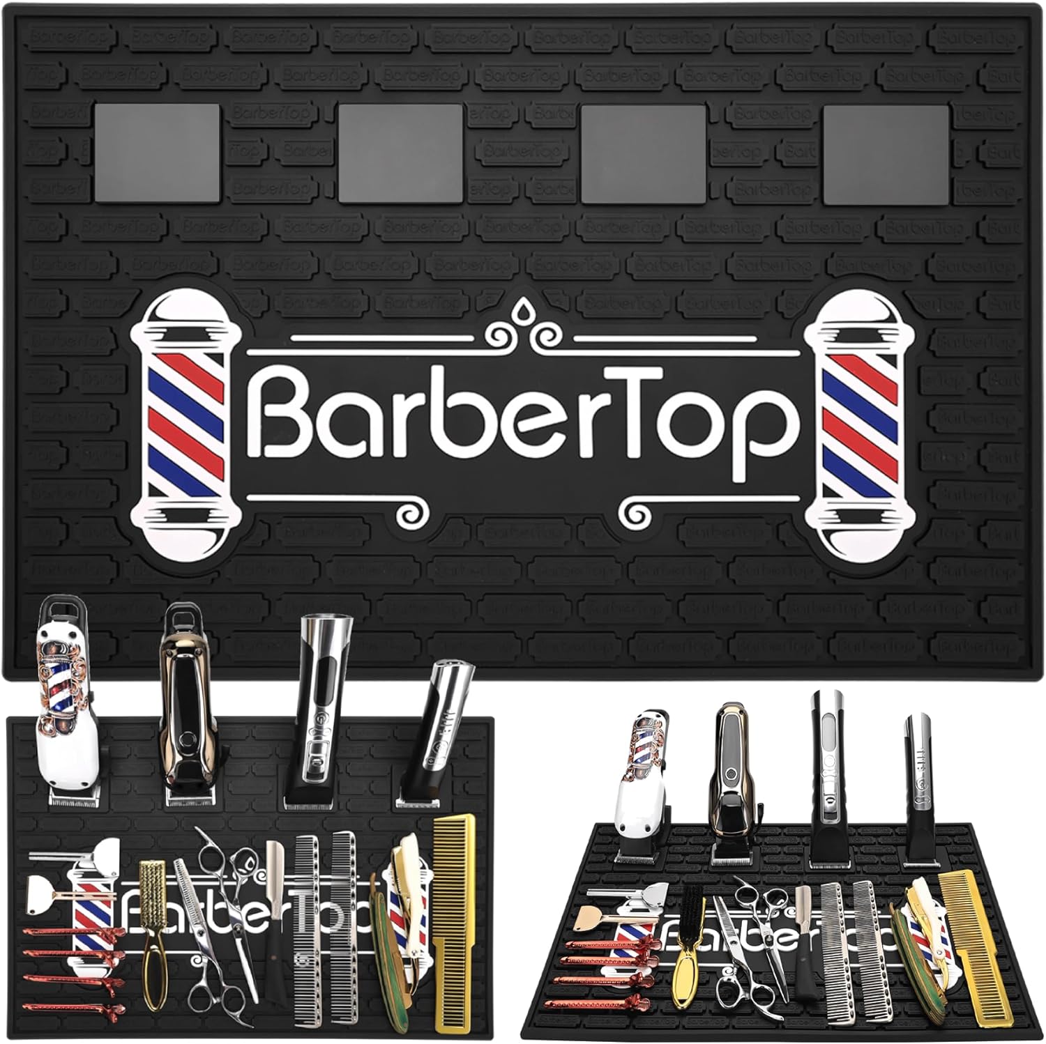 Magnetic Barber Mat for Clippers, 17.7 x 11.8 in, 4 Strong Magnetic Organizer Stations for Heavy Clippers and Trimmers, Professional Anti-Slip Rubber Heat Resistant Barber Table Mat for Hairstylist 11.8*17.7-Top 4 Magnetic
