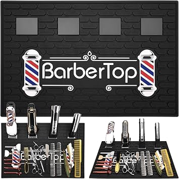 Magnetic Barber Mat for Clippers, 17.7 x 11.8 in, 4 Strong Magnetic Organizer Stations for Heavy Clippers and Trimmers, Professional Anti-Slip Rubber Heat Resistant Barber Table Mat for Hairstylist
