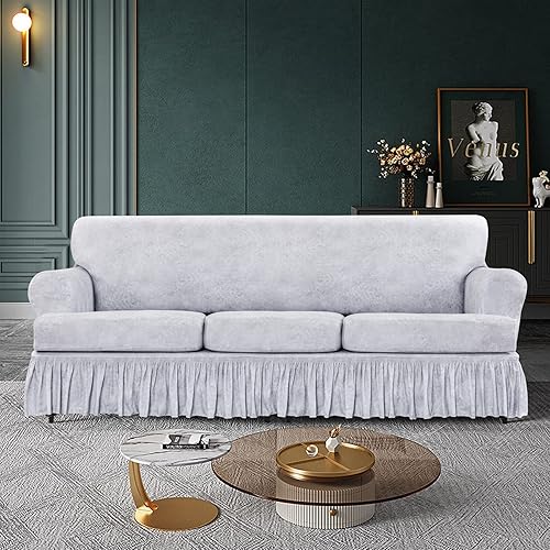 AmazeCov 4 piezas especialmente diseñadas para fundas de sofá con cojín en T con falda con volantes impresa, con 3 fundas de asiento individuales en