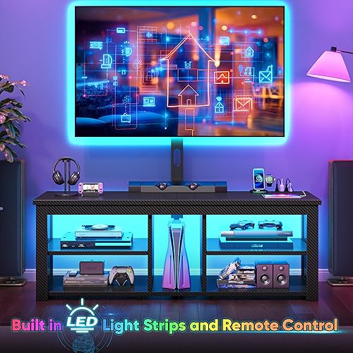 Miniatura 4 de Soporte de TV con soporte y luces LED, soporte de TV giratorio para TV de 70 pulgadas, moderno centro de entretenimiento de madera con toma de Negro