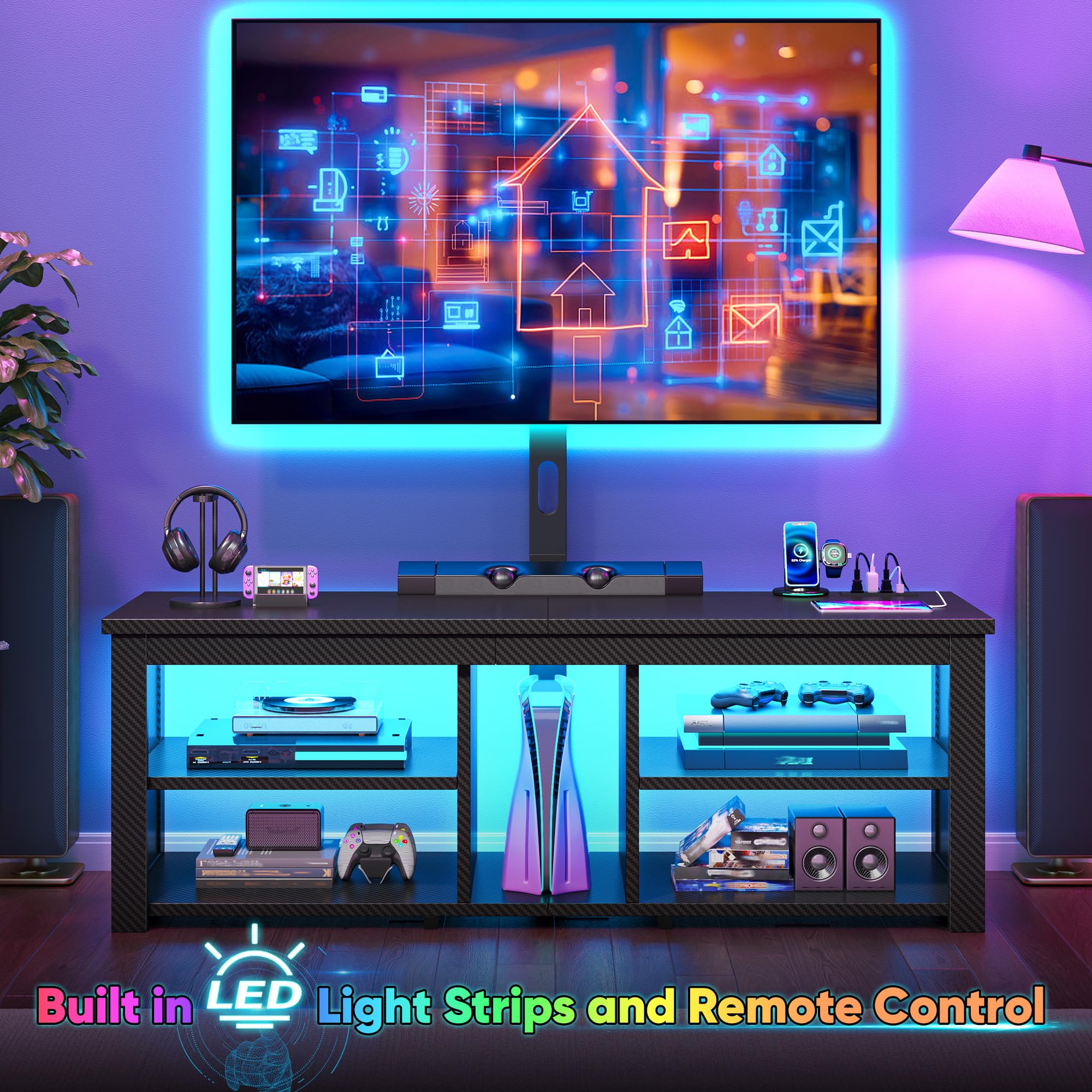 TV Stand with Mount and LED Lights Swivel TV Stand for 70 inch TV Modern Wood Entertainment Center with Power Outlet for Living Room, Gaming Console for Bedroom, Carbon Fiber Black