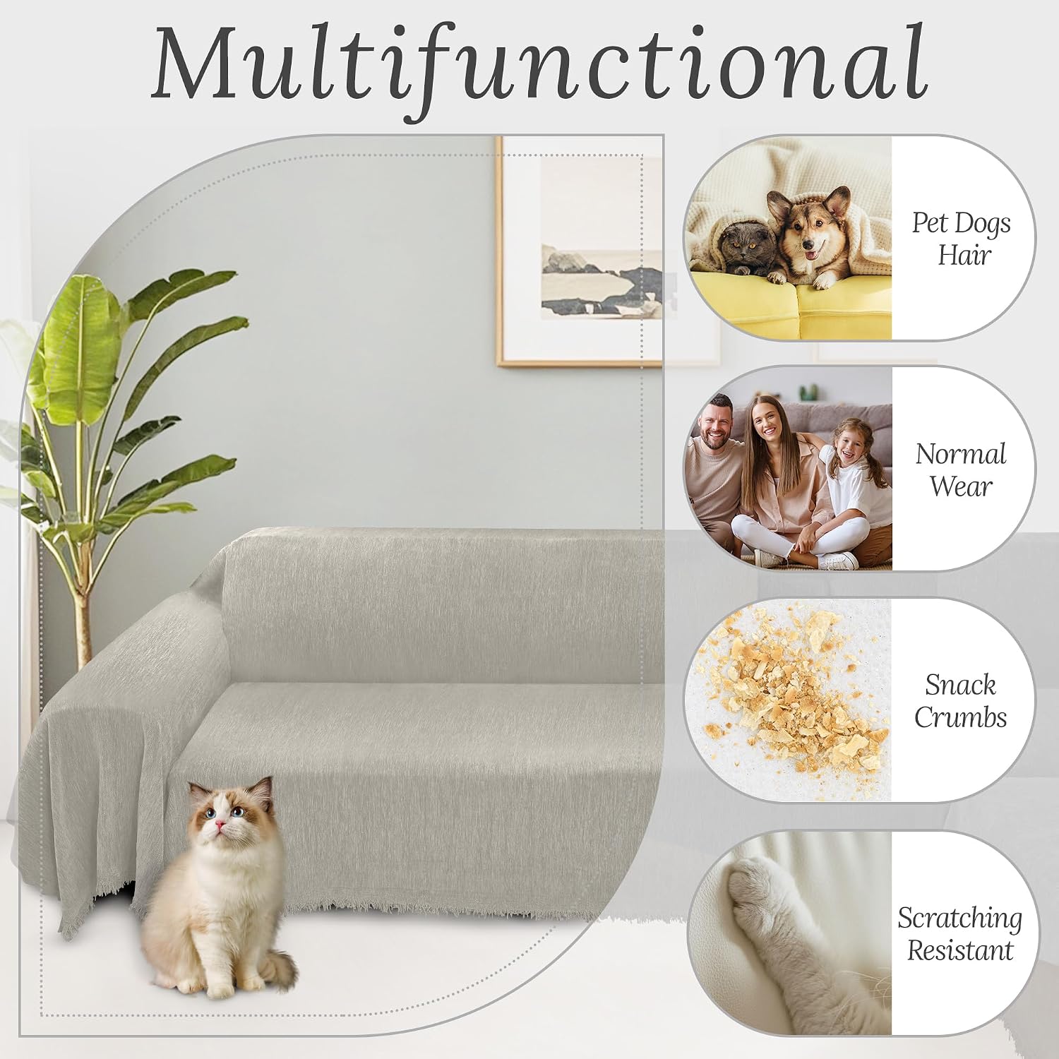 HDCAXKJ Corner Sectional Couch Covers for Dogs L Shape Sofa Cover with Tassel Chenille Soft Non Slip U Shaped Couch Cover Blanket Washable Sectional Slipcover Protector (Light Khaki, 91x276 inch)