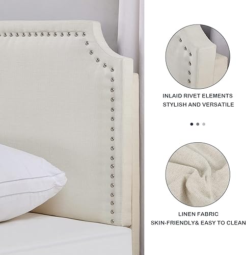 Miniatura 4 de Youmumeub Marco de cama tapizado, marco de cama matrimonial con cabecera ajustable con ribete de clavos, marco de cama de tamaño matrimonial