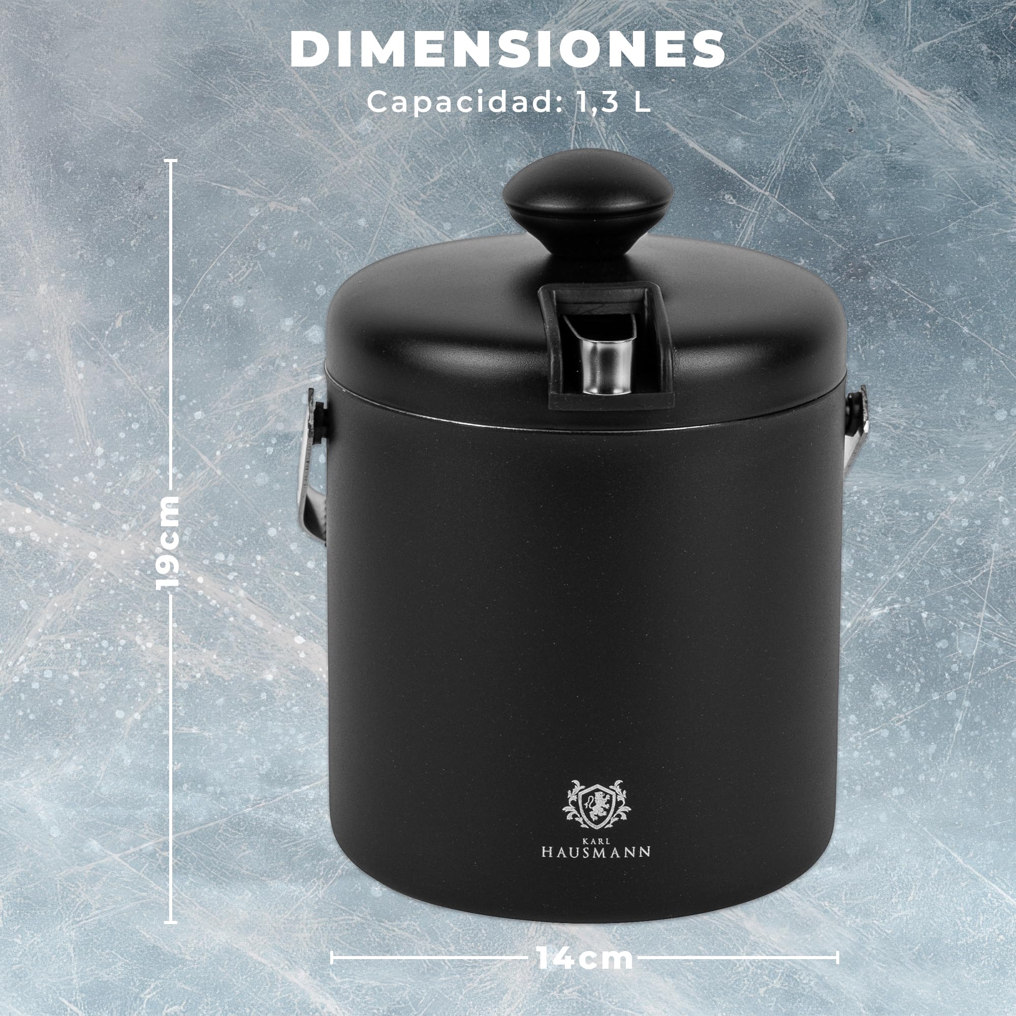 KARL HAUSMANN Cubo Hielo 1,3L con Tapa, Pinza y Rejilla - Cubitera Acero Inoxidable Negra Doble Pared Aislante, Mantiene Hielo Seco, Ideal para Cócteles, Bebidas, Bar y Hogar