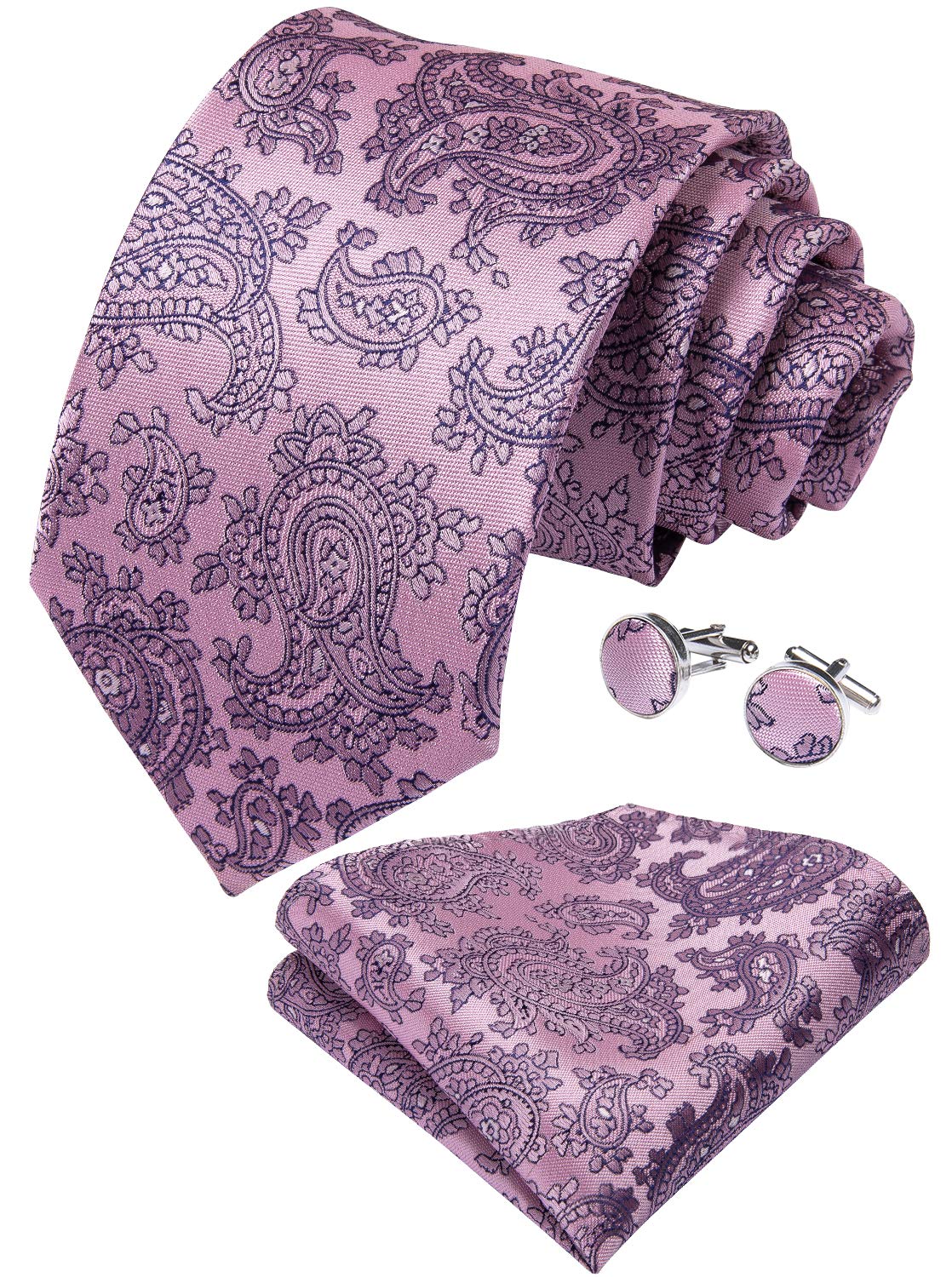 DiBanGu Men's Paisley Ties Formal Pocket Square Set Cufflinks Floral Tie Set For Business (Pink)