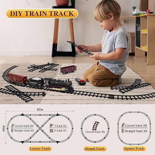 Miniatura 5 de Juego de tren para niños, juguete de tren a control remoto con vehículo de carga, motor de locomotora de vapor, pistas largas de tren debajo del