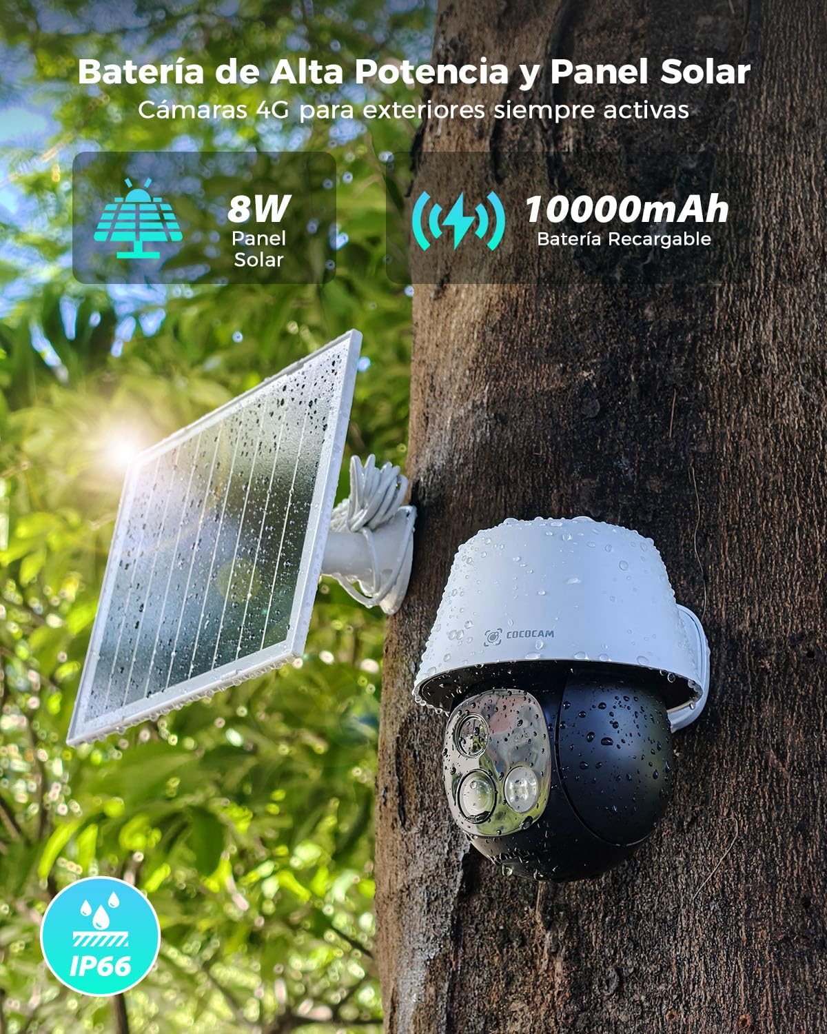 COCOCAM 24/7 AOV 4G Cámara Vigilancia Exterior Solar con SIM | 30m Visión Nocturna, Seguimiento Auto & Detección IA, Batería 10000mAh, Panel Solar 8W, PTZ 2K, eSIM incluida (Sin WiFi)