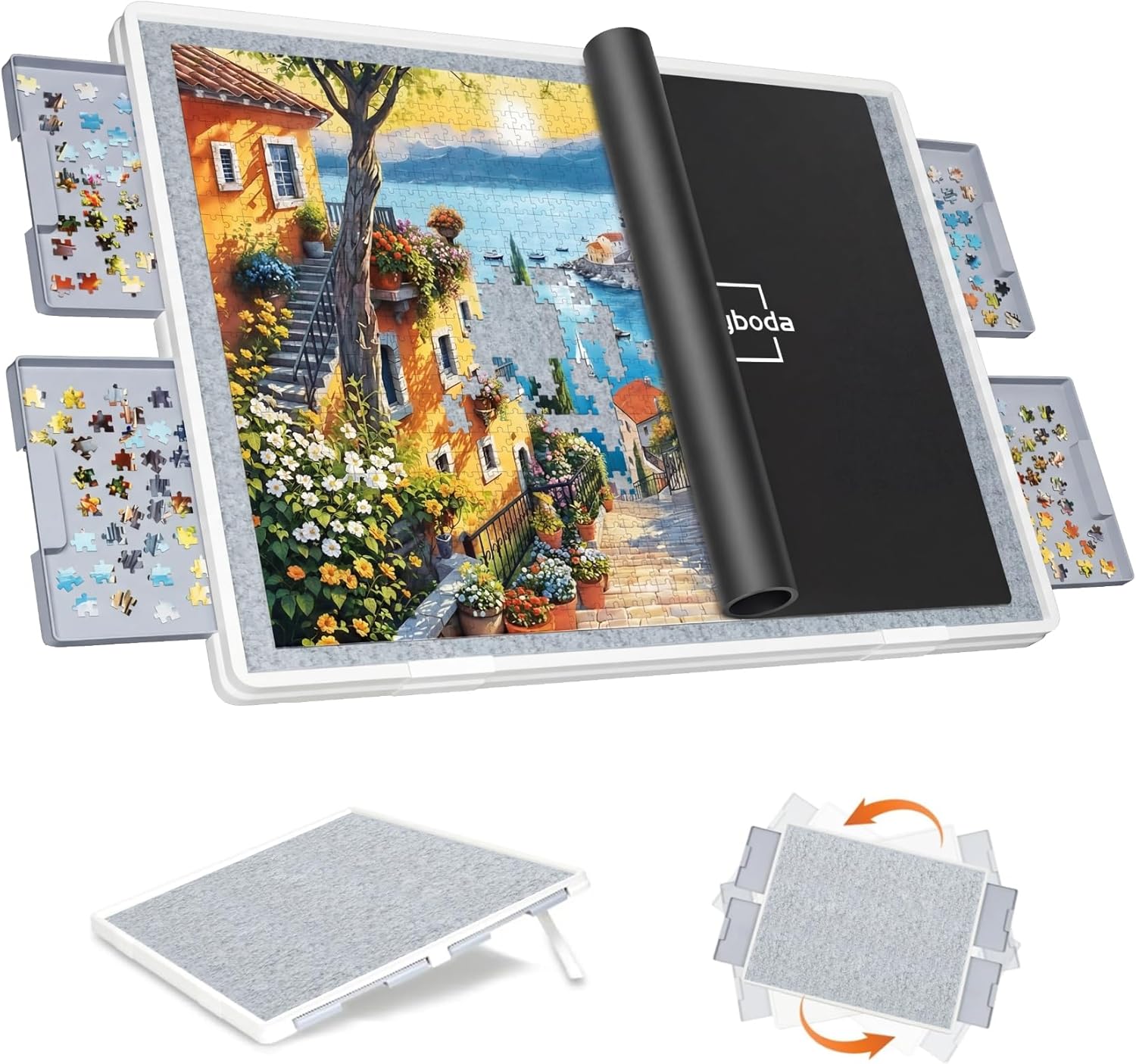 Playboda 1500 Pieces Tiltable & Rotating Puzzle Board with Drawers, Anti-Slip Mat and Black Cover, 35"x27" Portable Spinning Plastic Jigsaw Puzzle Table for Adults, Upgraded Lazy Susan