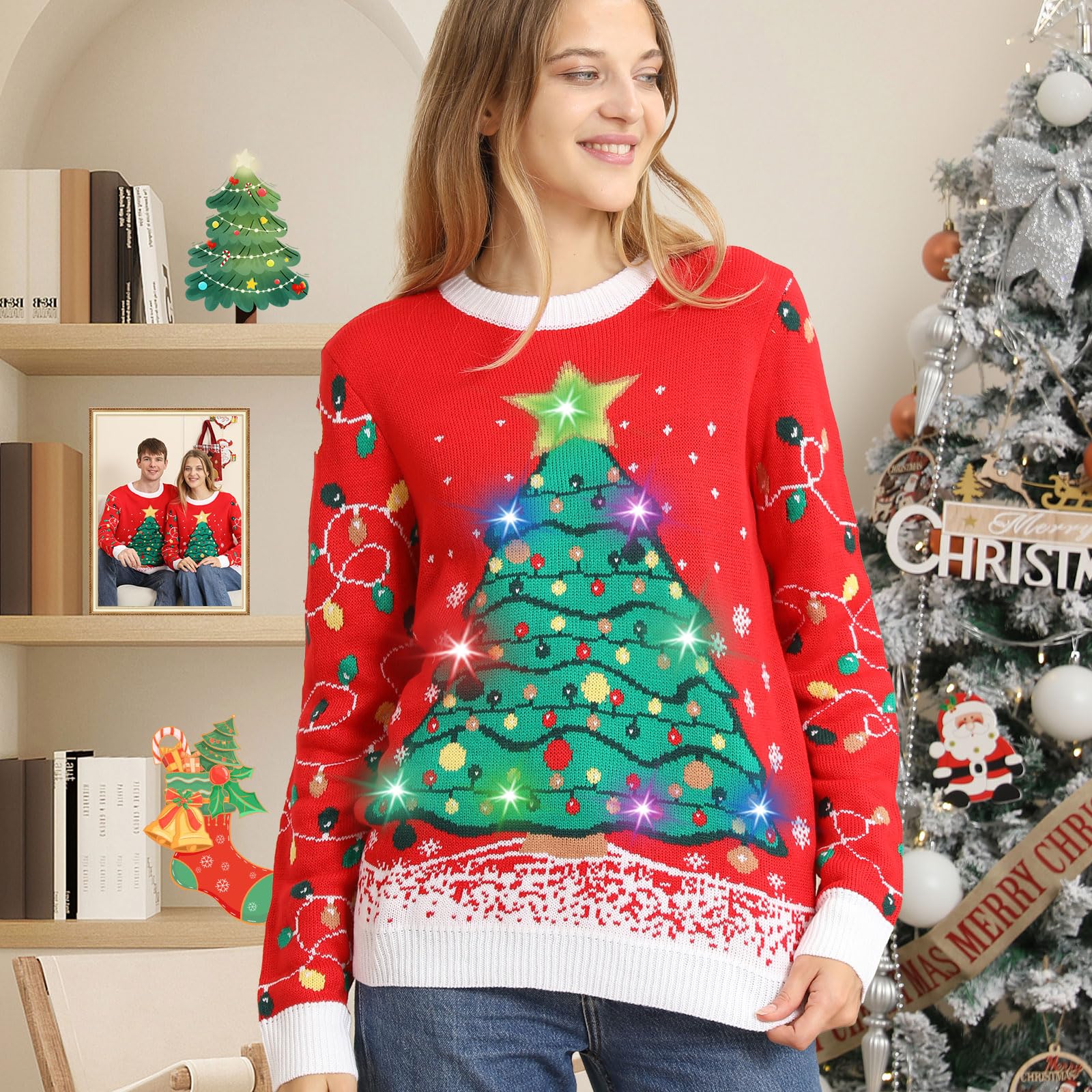 Ugly Christmas Sweater 2024, Maglione Natalizio con Luci, Maglione Natalizio Donna Uomo Divertente Maglione di Natale con luci led, Girocollo Maglioni Natalizi Famiglia Adulti per Coppia/Donna/Uomo