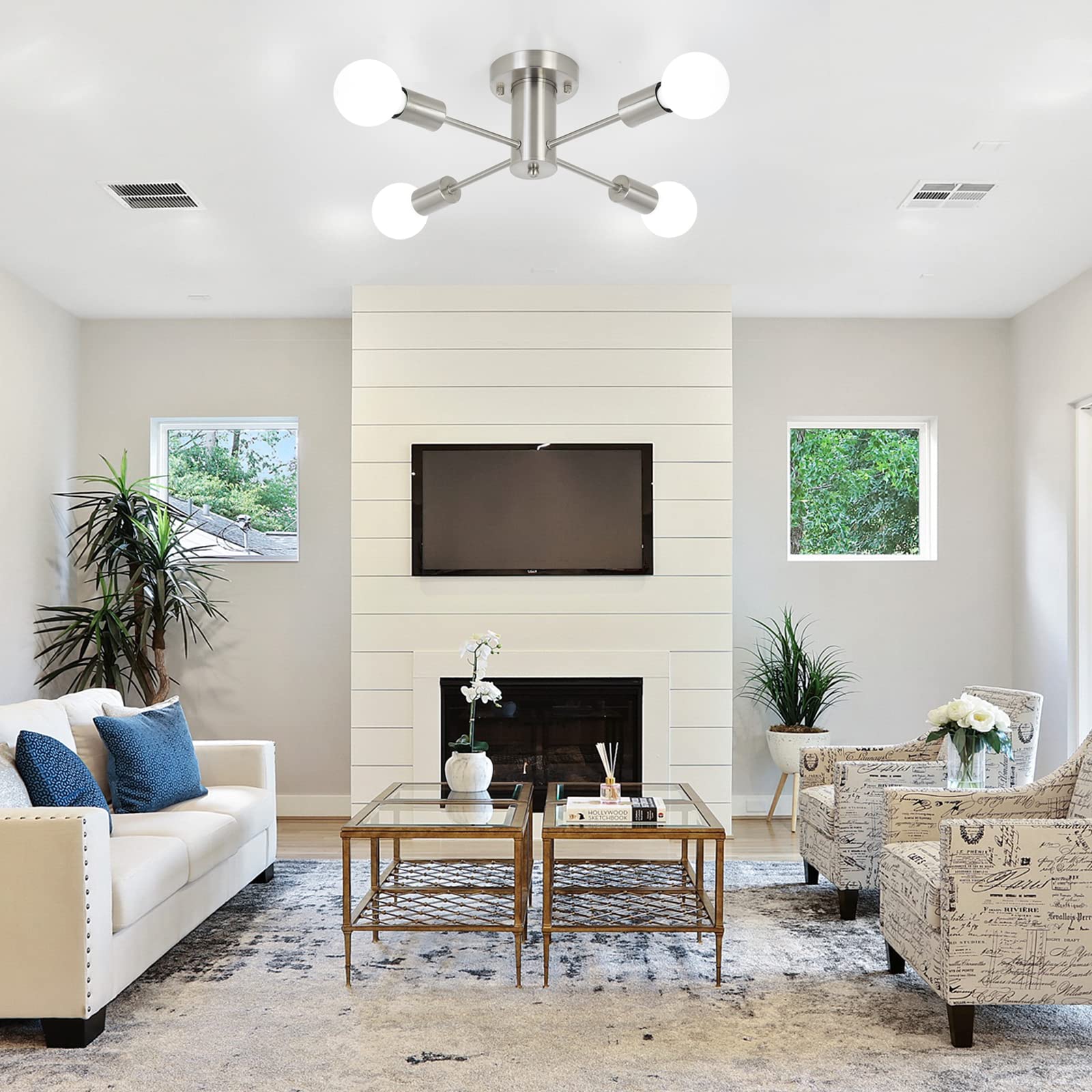 ADSENSTY Semi Flush Mount Sputnik Chandelier , 4 Lights Brushed Nickel Ceiling Light Fixture, Chrome Mid Century Pendant for Dining Room Living Room Bedroom Farmhouse Kitchen