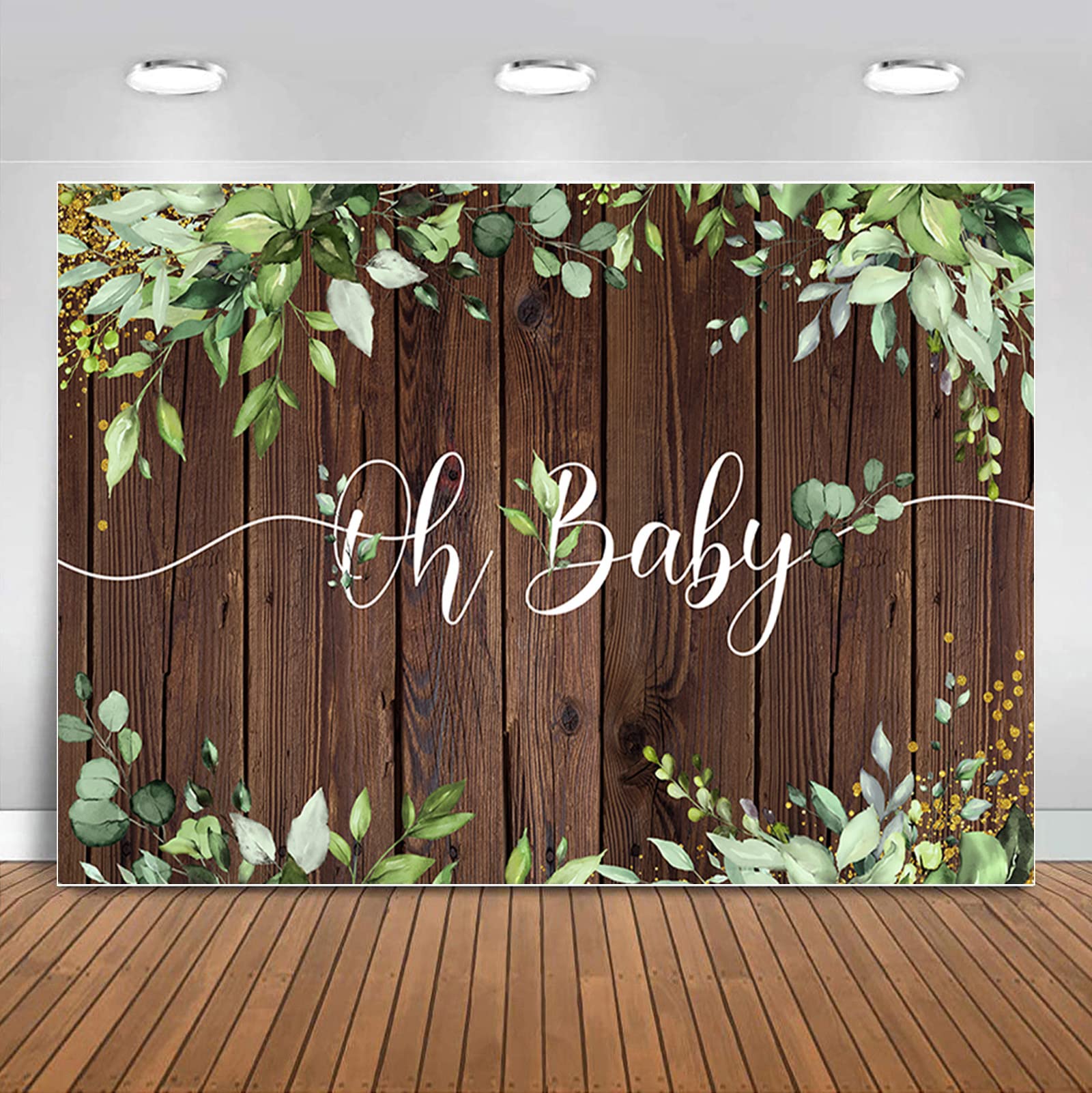 Sensfun Greenery Woodland Safari Baby Shower Backdrop Decoration Green Leaves Oh Baby Sign Backdrops Banner Rustic Wood Background for Neutral Baby