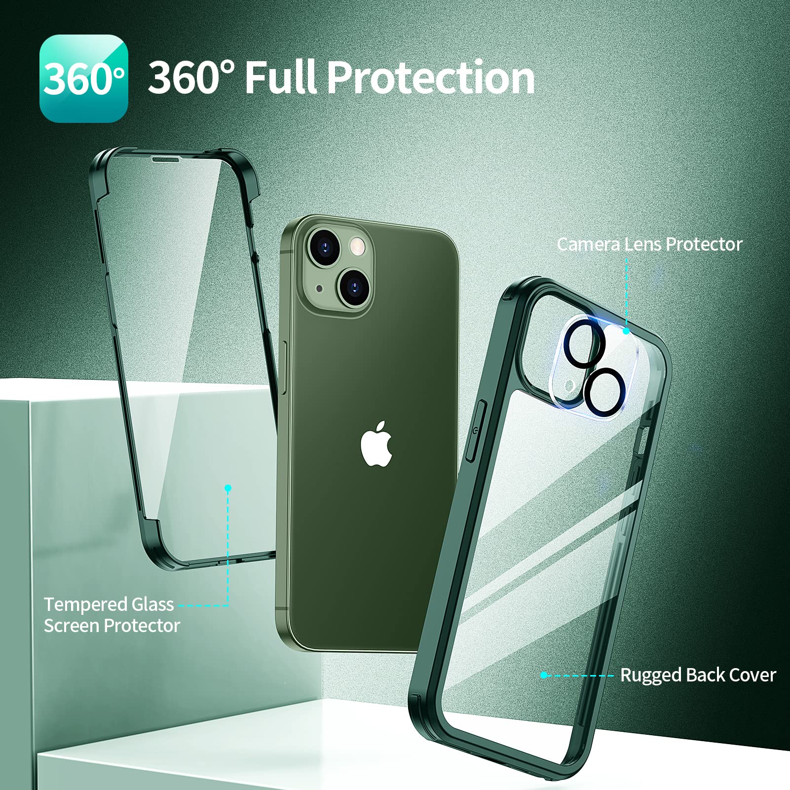 seacosmo Cover per iPhone 13, [9H HD] Integrata Vetro Temperato Schermo e Pellicola Fotocamera 360 Gradi Antiurto Custodia, Rugged Protezione Slim Case per iPhone 13, Verde