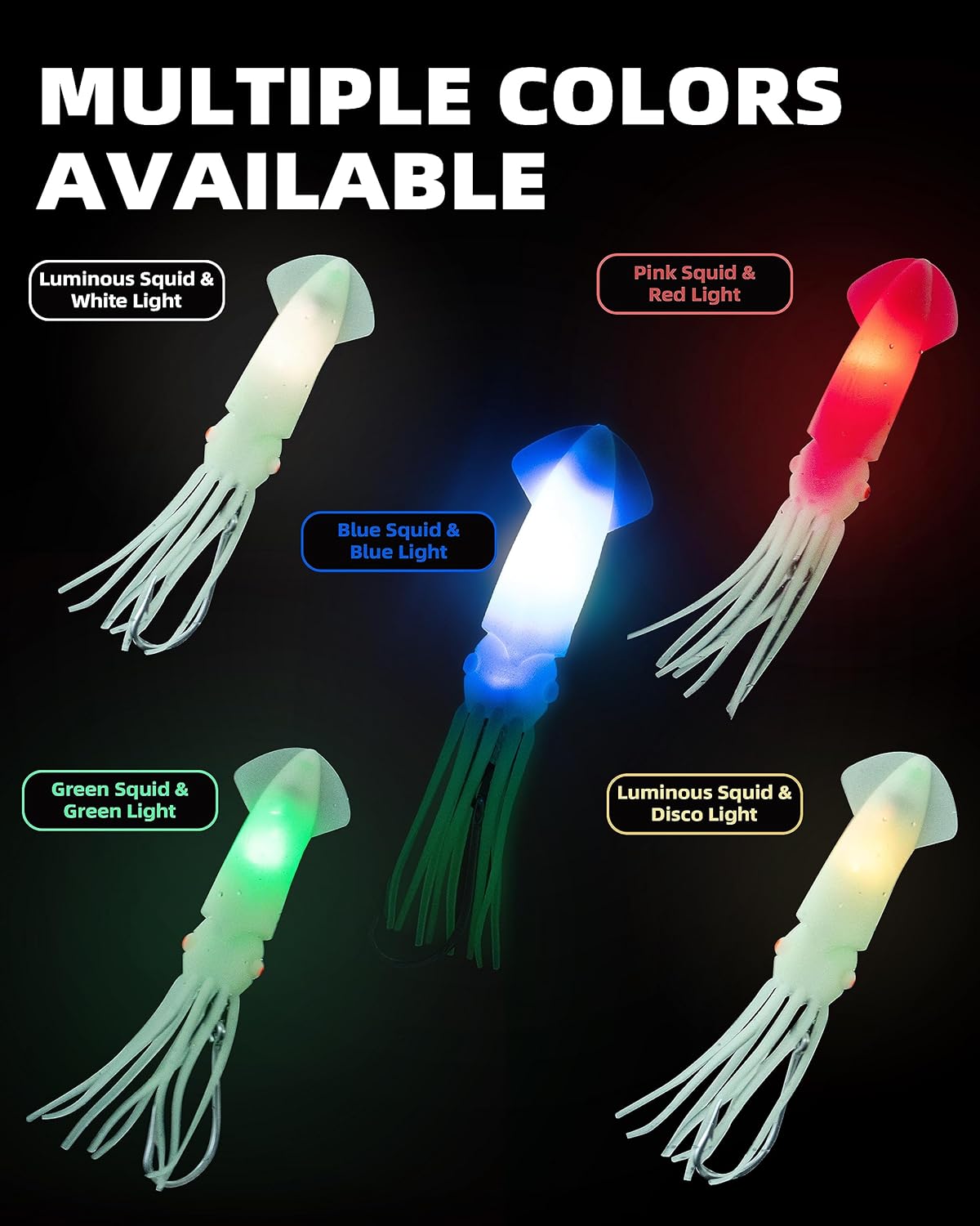 BLUEWING 9in/12in Soft Squid Lures Saltwater LED Glow with 9/0 Stainless Steel Hook and 300LB Mono Line Trolling Deep Drop Light Fish Octopus Skirts, 1pc