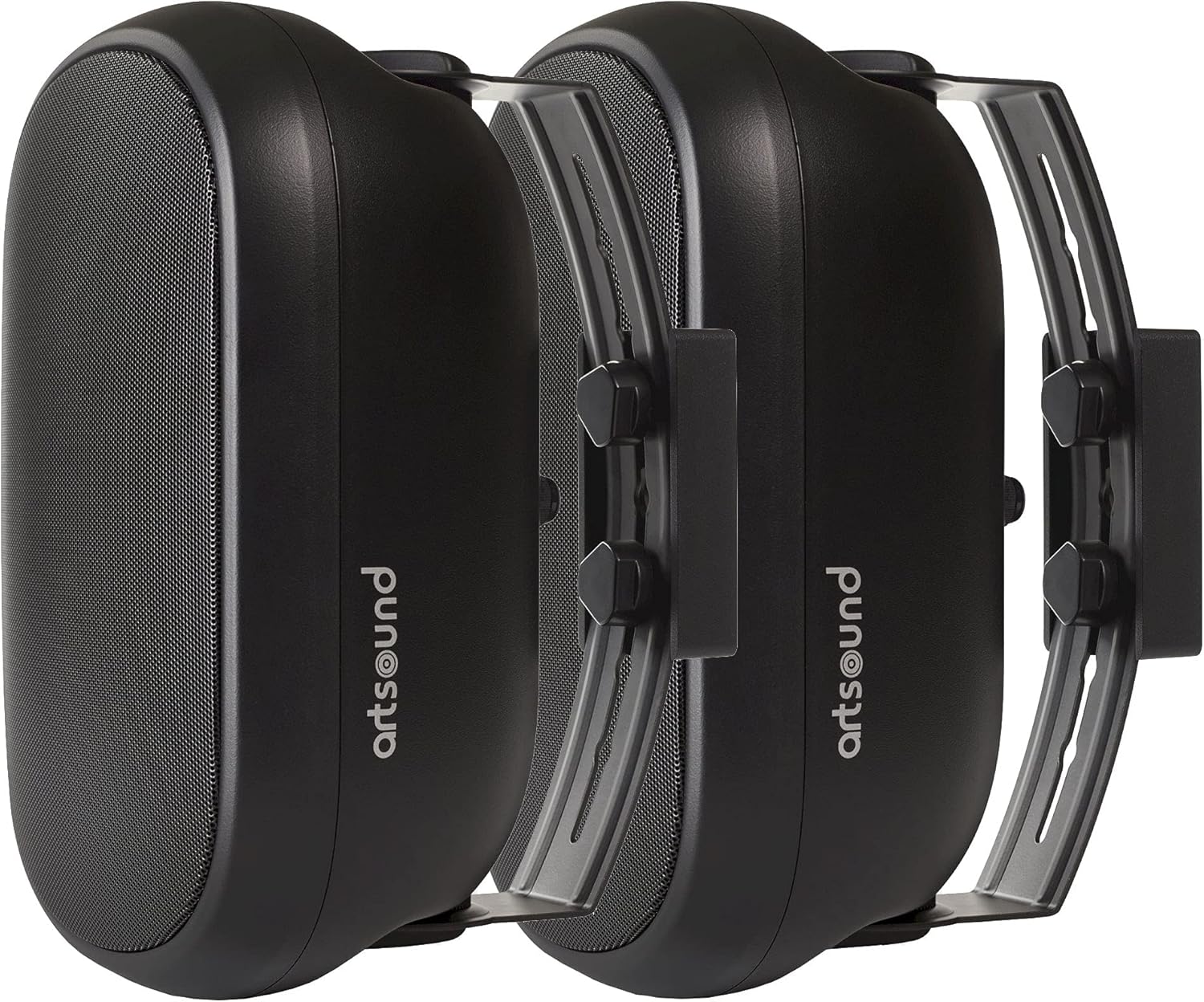 To ArtSound ASW550-højttalere vist med deres drejelige monteringsbeslag monteret.