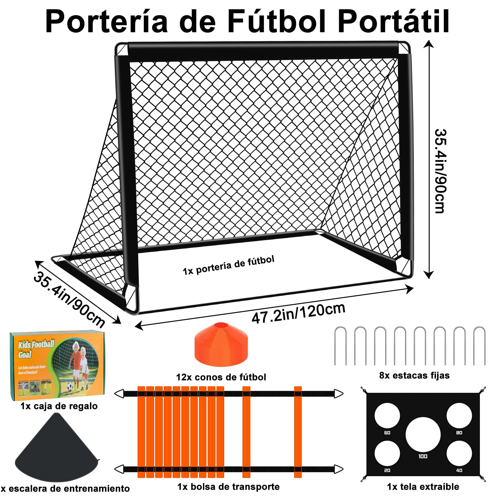 Juego de porterías de fútbol infantiles para jardín, portería de fútbol plegable con pared + 12 conos + escalera de agilidad + 8 clavos en forma de U, juego de entrenamiento de fútbol para