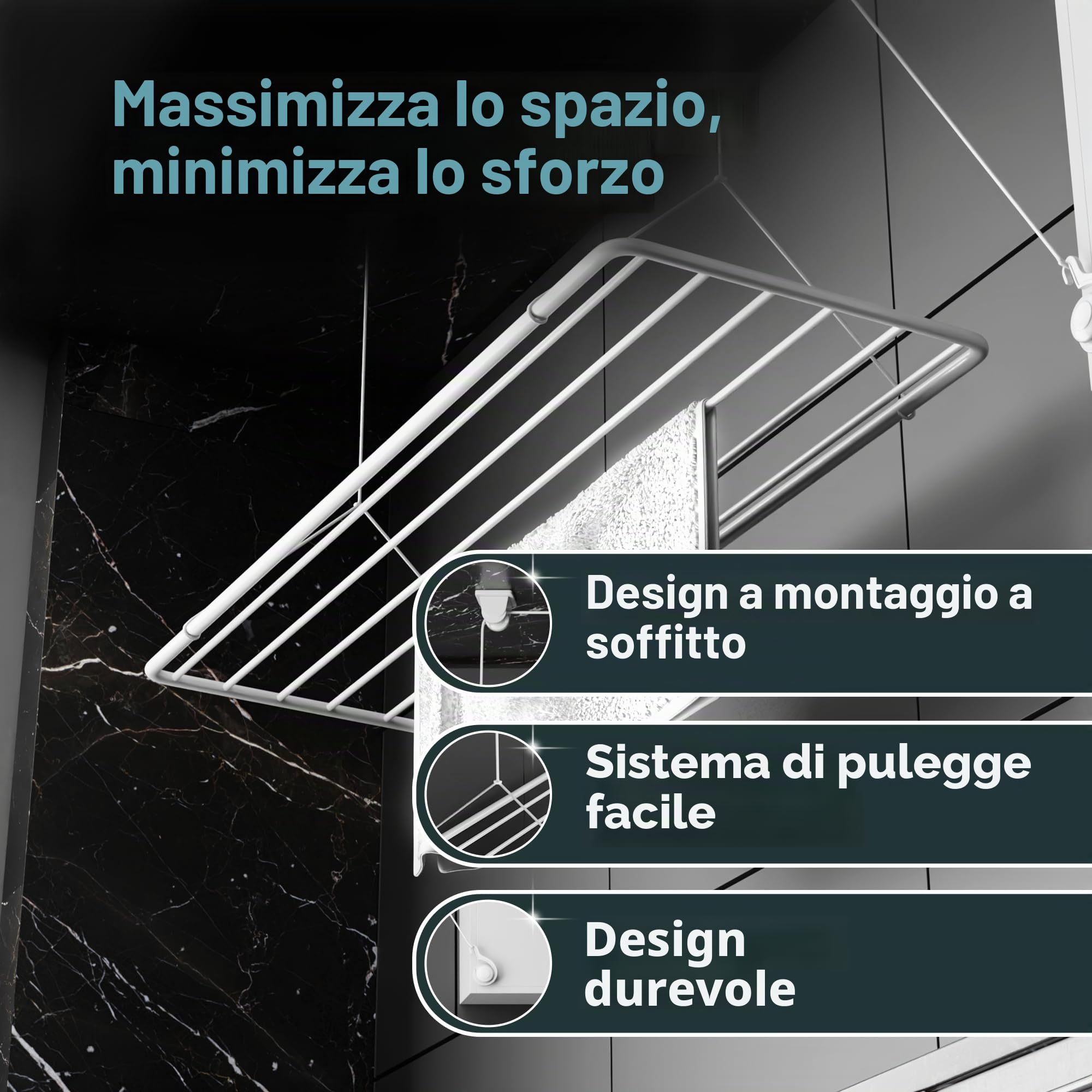 Erica Eric Stendibiancheria da soffitto 120x50cm, 9.6m di superficie asciugante, 2.5m Mini Stendino da soffitto pieghevole, Metallo con rivestimento in plastica senza PVC, Stendino bianco