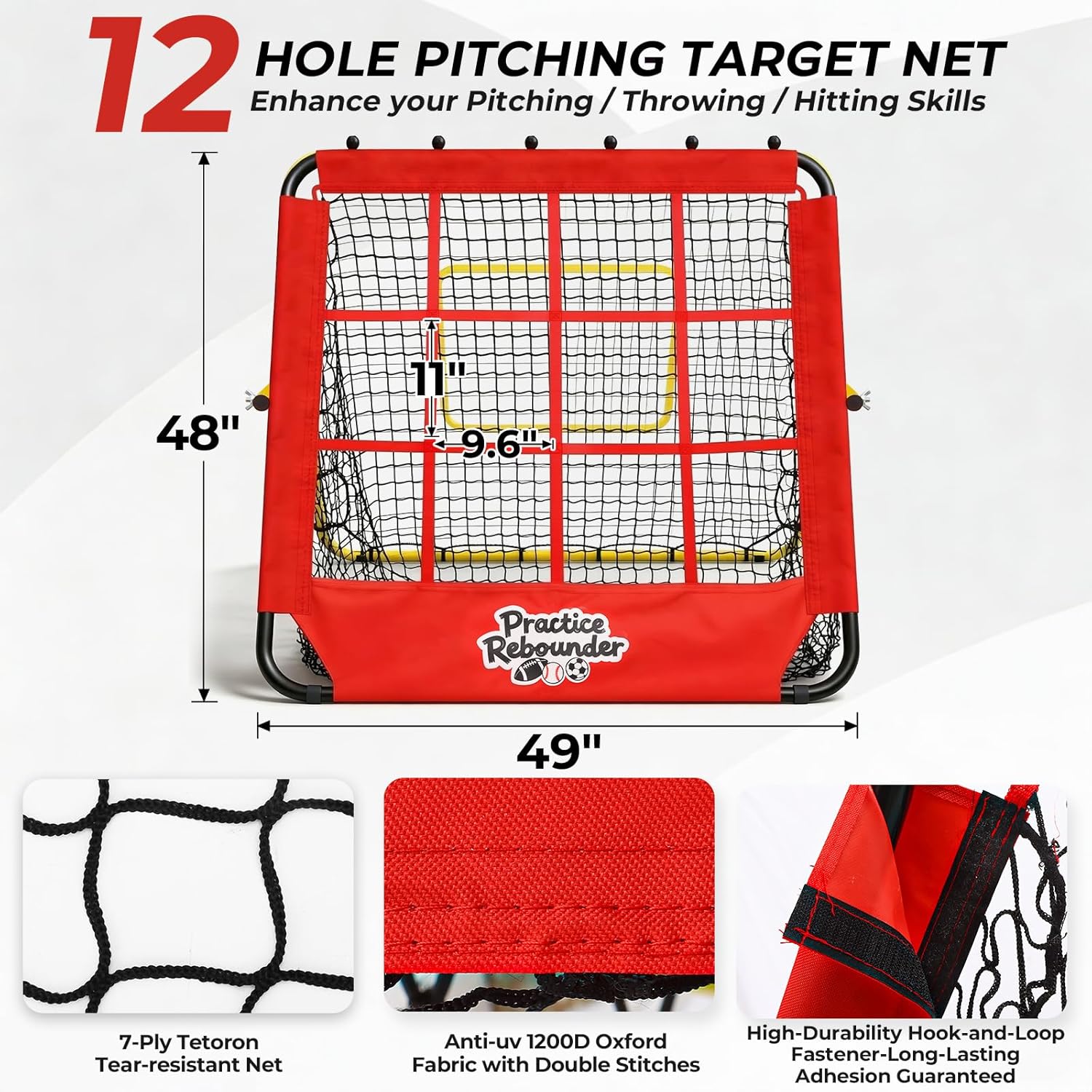 48×49inch Baseball Rebounder Net, 8-Angle Adjustable Baseball Bounce Back Net, 12 Pocket Fielding Trainer for Solo Practice, Multi Function Pitch Back Net for Soccer, Volleyball, Softball