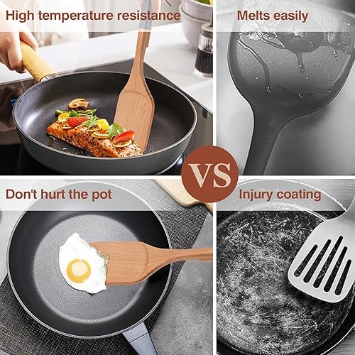 Miniatura 4 de Cucharas de madera para cocinar, 6 utensilios de cocina de madera de haya natural con agujero para colgar, agarre suave, esenciales de cocina, color