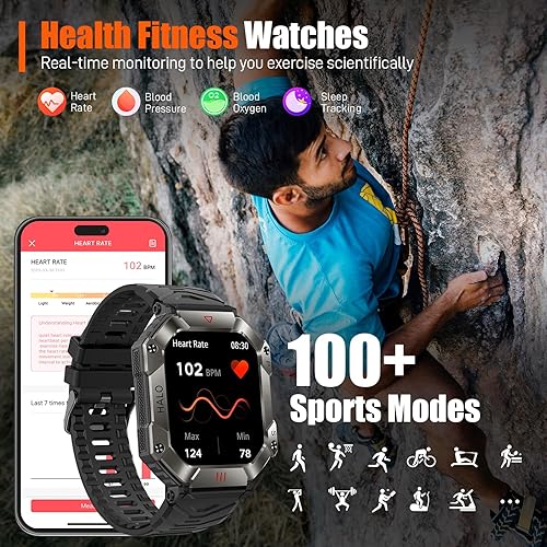 Miniatura 7 de Military Smart Watch for Men 2.0" HD with Elevation Barometer Compass Fitness Tracker with IP68 Waterproof Heart Rate Sleep Monitor 650 mAh Outdoor