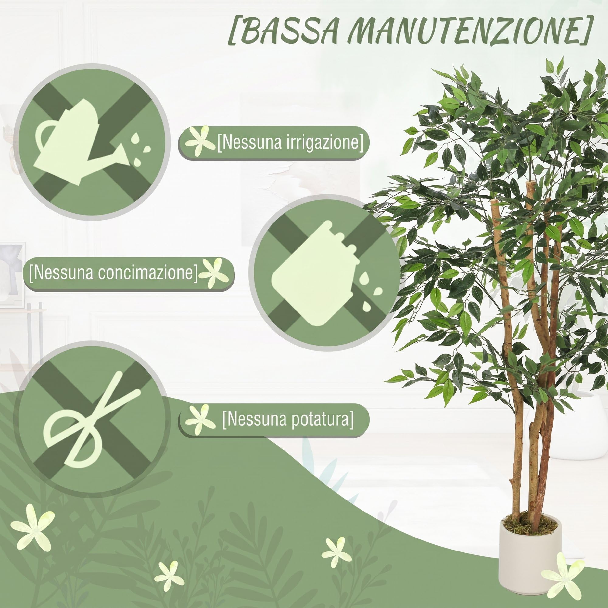HOMCOM Pianta Artificiale di Baniano con Rami Orientabili e Vaso Contenitore Bianco in PP e Cemento, Pianta Verde in PEVA e Legno, per Interno, Ufficio, Soggiorno, Camera da Letto, 65x65x150 cm