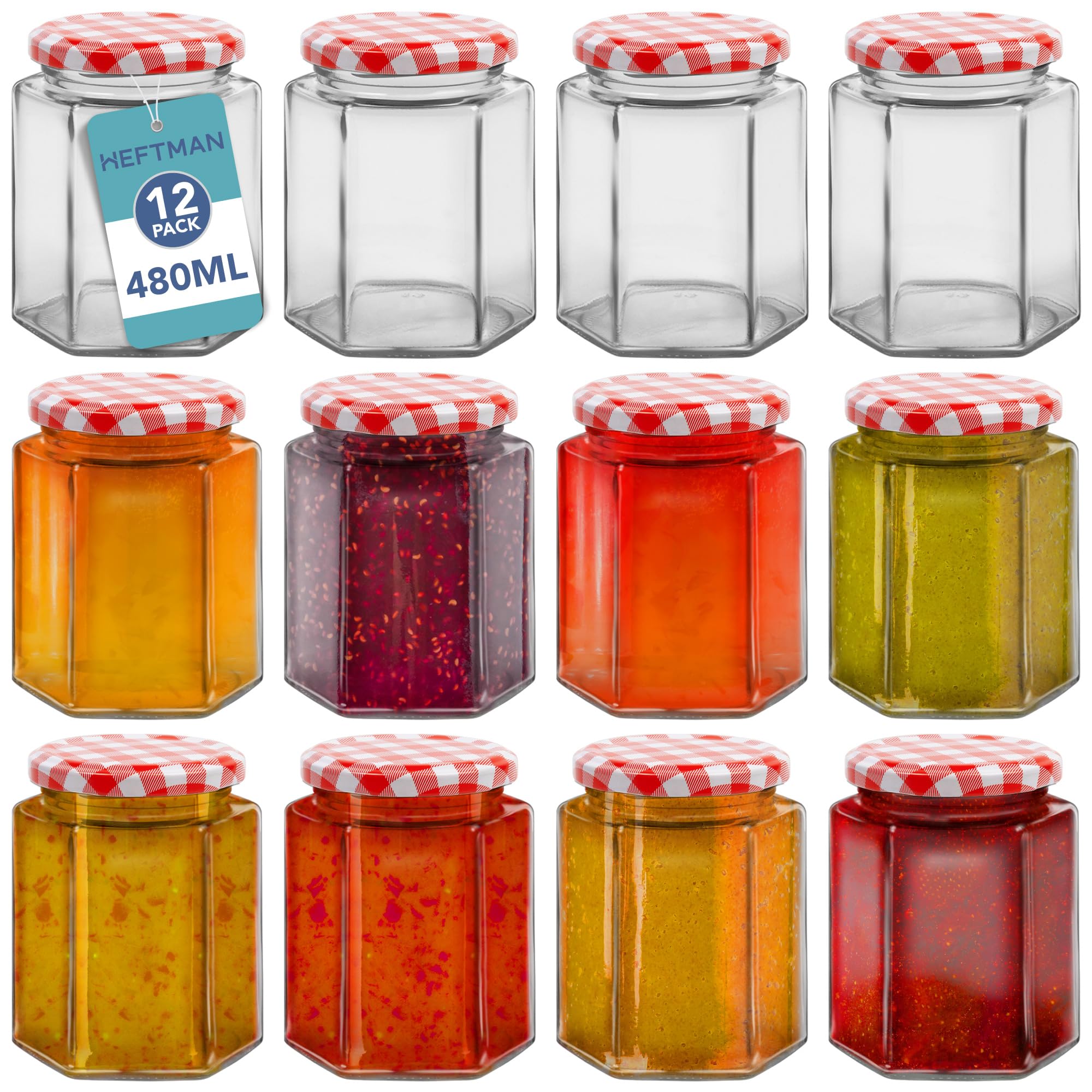 HEFTMAN Small Glass Jars with Lids - 12 Pack Airtight 480ml Jam Jars with Red Gingham Lids for Use as Pickle Jar, Jams, Honey, Candle Making, Preserving, Food Storage - Hexagonal Shape (Empty)
