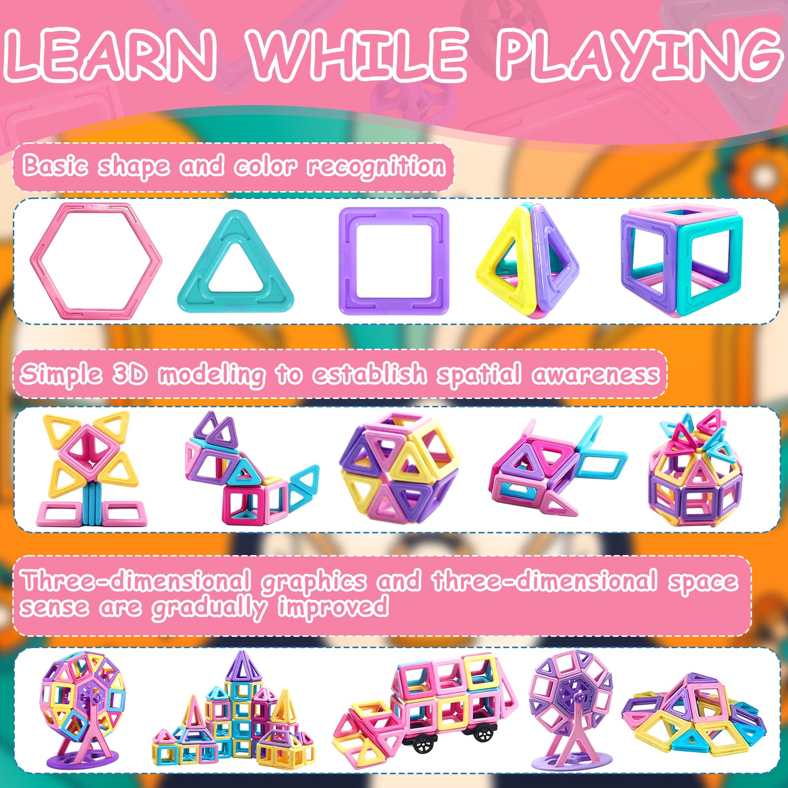 Costruzioni Magnetiche per Bambini 60 Pezzi, Giochi Educativi Mattoncini Magnetici per Bambini Bambina Bimbo 3 4 5 6 7 8 Anni Giochi Educativo Magneti Compleanno Natale Ottima Idea Regalo (B)