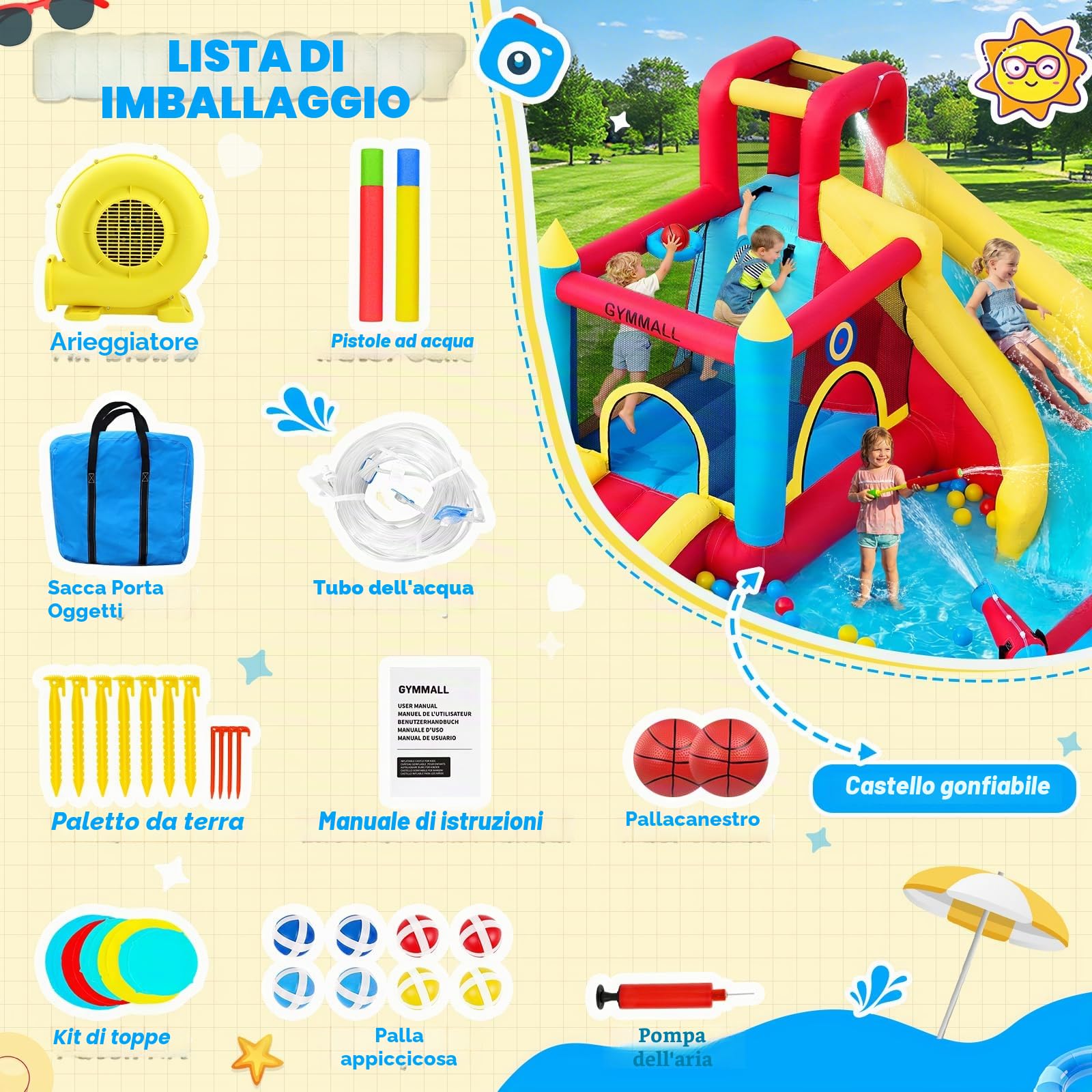 Castello Gonfiabile per Bambini, 8-in-1 con Ventilatore 480W, Scivolo Lungo, Parete da Arrampicata, Trampolino e Piscina, adatto per divertimento interno ed esterno in vacanza