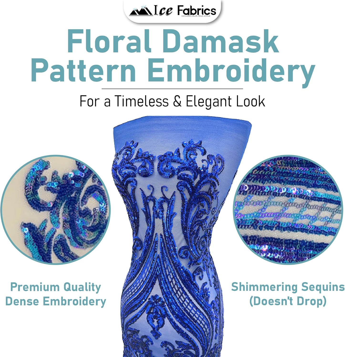 Ice Fabrics Damask Sequin lace Fabric by the Yard - Sequin Embroidery Design Fabric for Prom Dress, Wedding Gown, Costumes