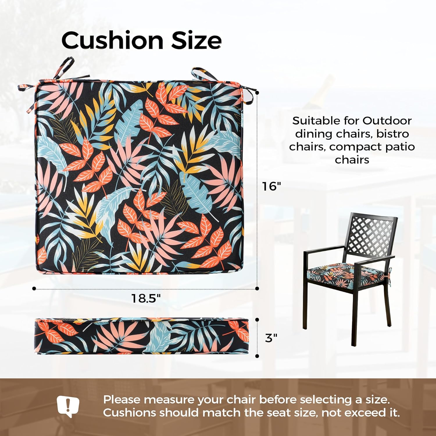 UNIKOME Outdoor Chair Cushions Set of 4, Waterproof Patio Seat Cushions with Ties for Outdoor Furniture, High-Density Foam, Piped Edge – 18.5" x 16" x 3", Colorful Tropical Leaves