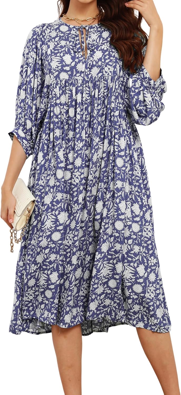R.Vivimos Womens Summer Casual Midi Dress Lantern Sleeve Tie V Neck Boho Floral Print Loose Fit Flowy Long Dresses